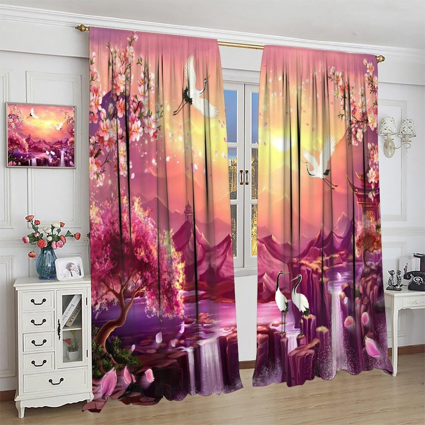 AuiMzoo Cherry Blossom Curtains: Japanese-Style Cranes and Pagodas Against an Oriental Pink Backdrop, Ideal As Blackout Curtains for Bedrooms and Living Rooms42X45 Inch