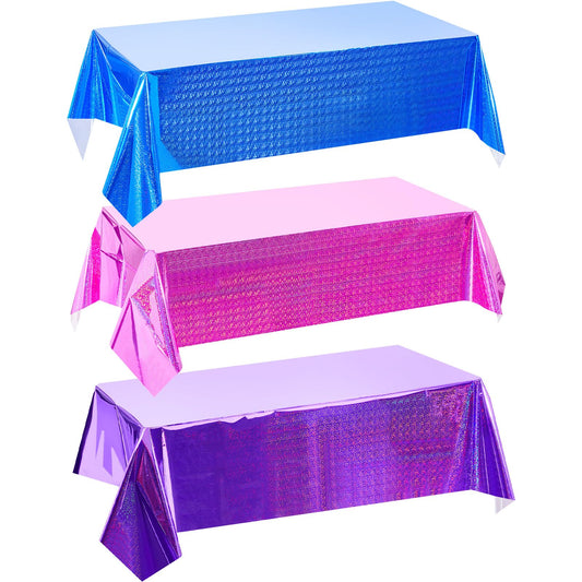 LOYIM 3 Pcs Kpop Holographic Tablecloth for Birthday Party Pink Purple Blue 54"x108" Witch and Princess Themed Movie Decoration Wedding Iridescent Metallic Plastic Glitter Laser Table Covers