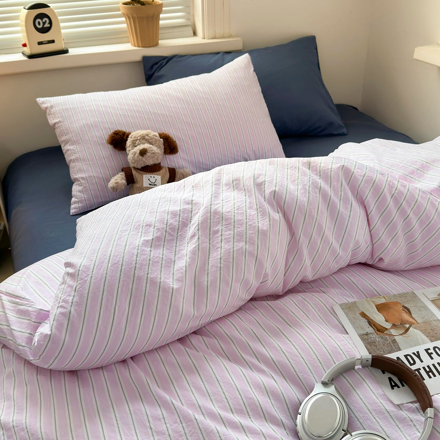 VM VOUGEMARKET Pink Striped Duvet Cover Set Queen Size,Casual Stripe Bedding Set for Teens Girls,Soft Microfiber Comforter Cover for Modern Bedroom,90"x90"