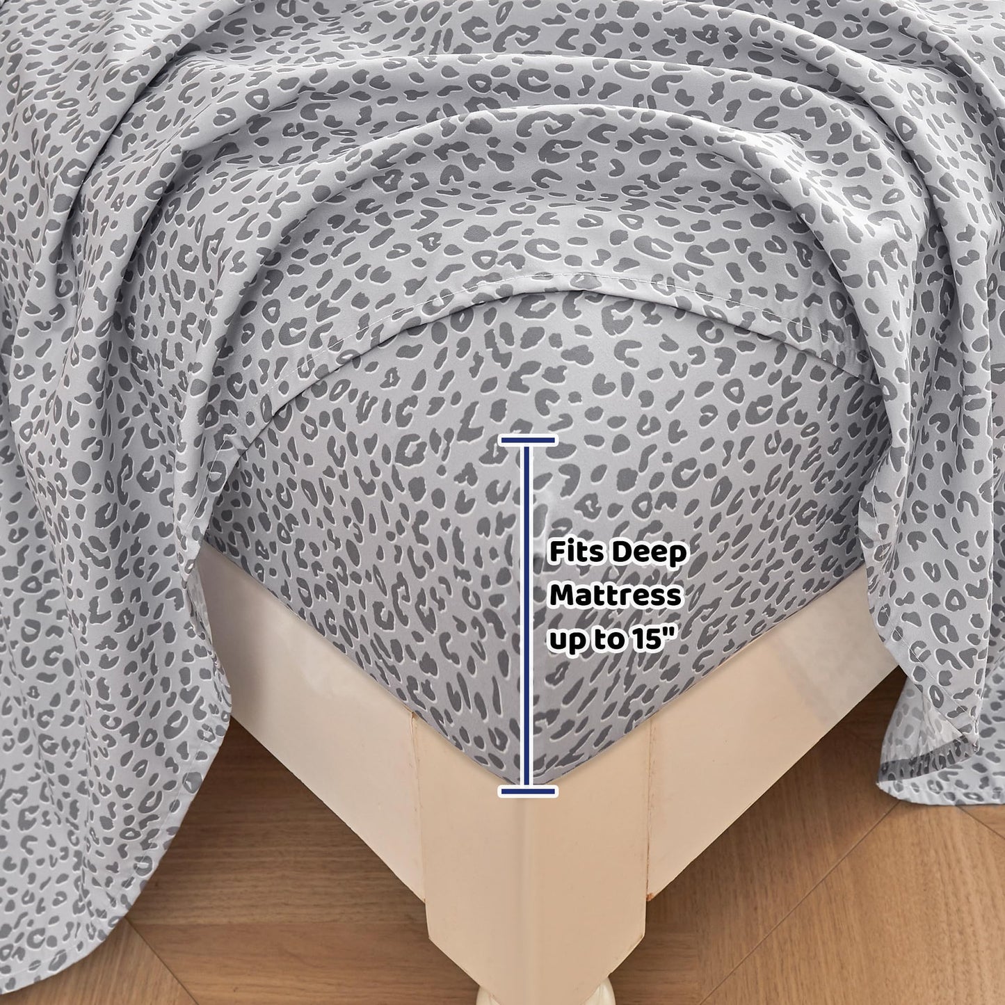 Mooreeke Leopard Cheetah Printed Full Bed Sheets, Soft Microfiber Bedding Sheets & Pillowcases, Deep Pocket Non-Slip Fitted Full Sheet, Silver Grey Animal Pattern Bedsheets