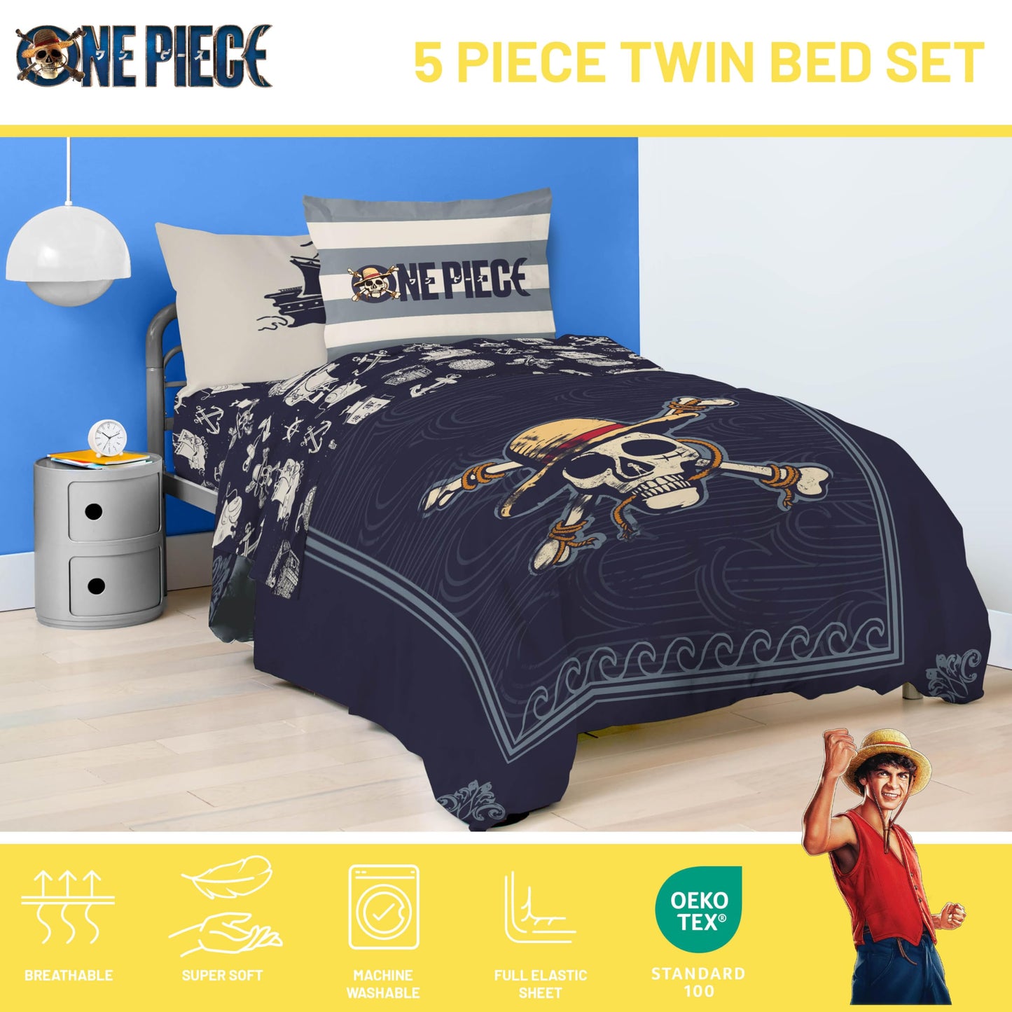 Jay Franco One Piece Twin Size Comforter Set - 5 Piece Blue Bedding Includes Sheet Set & Pillow Covers - Super Soft Anime Bedding with Skull and Bones