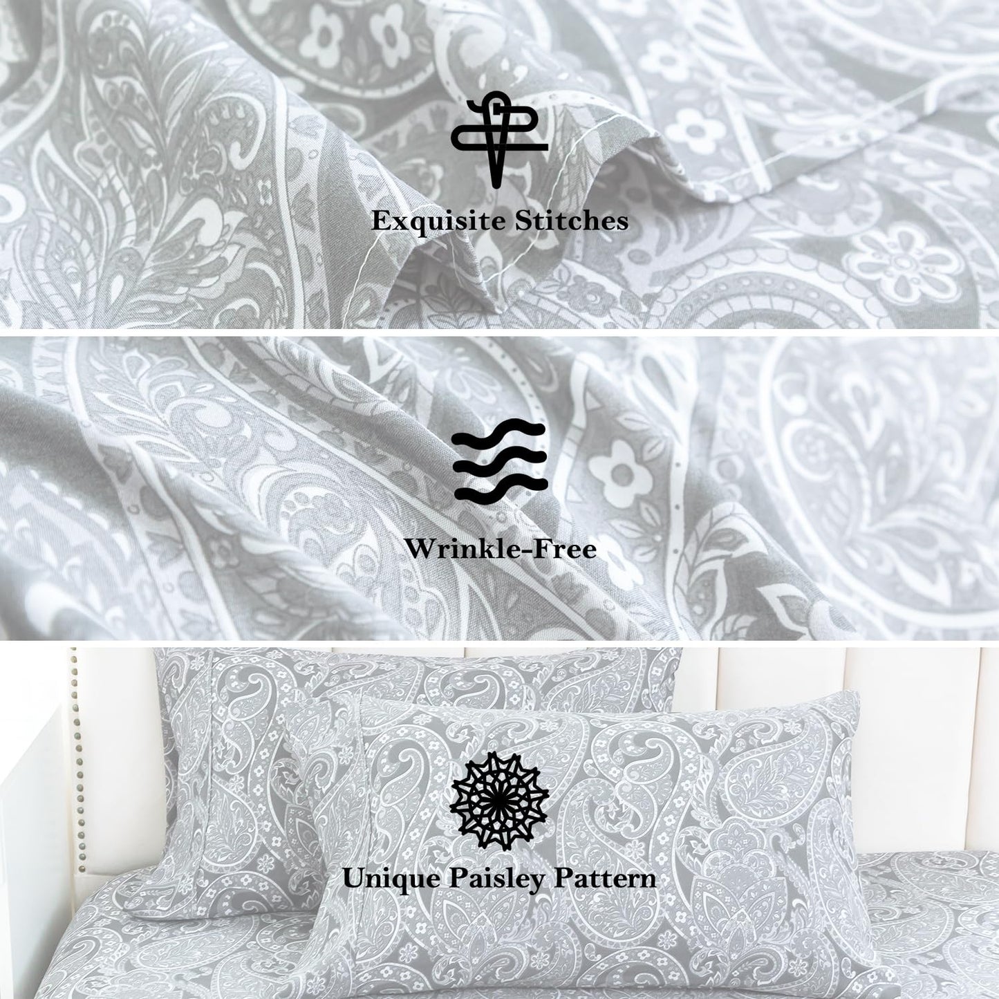 KACEMOO California King Size Sheets, Soft Gray Paisley Bed Sheets, Floral Printed Pattern Sheet Set with Deep Pocket, Breathable 1800 Thread Fitted Microfiber Bed Sheets