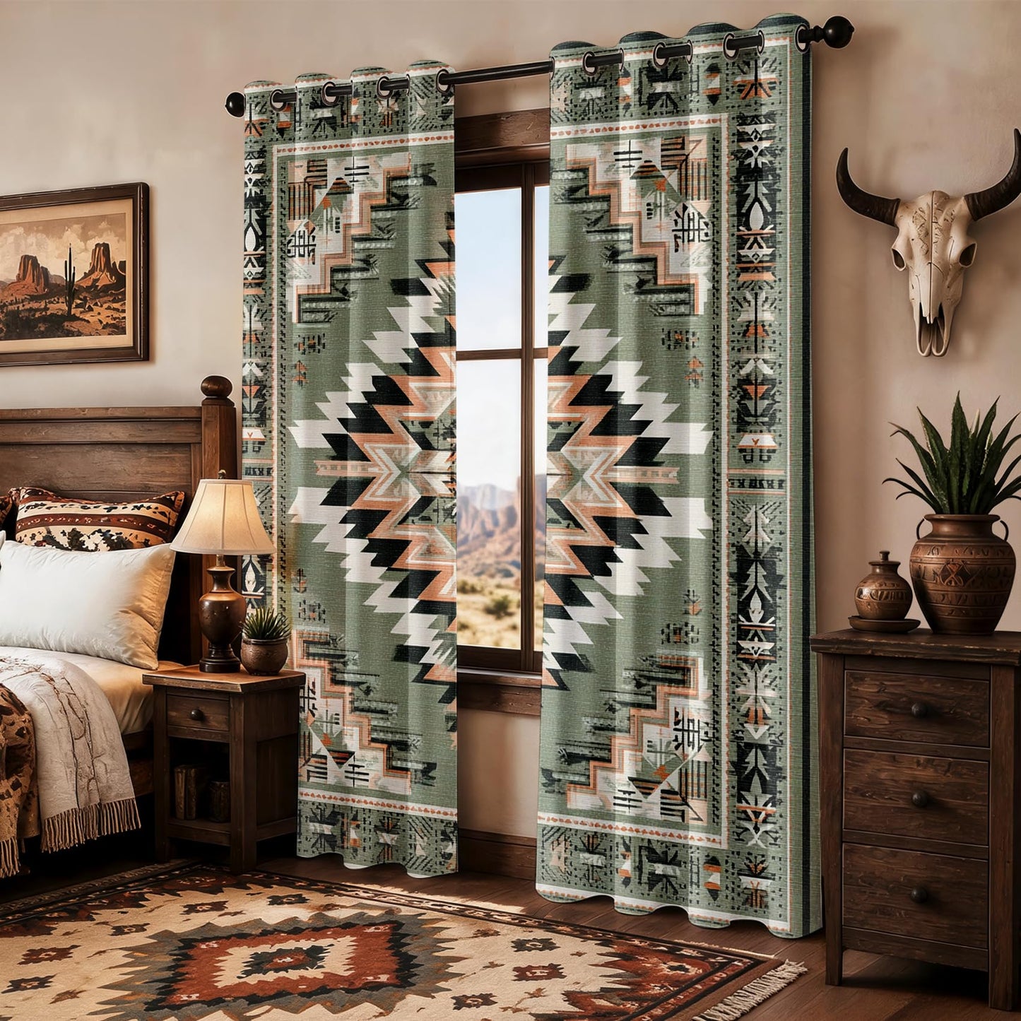 Aztec Patterned Curtains Blackout, Thermal Insulated Room Darkening Grommet Drapes for Kitchen, 45 Inch Curtains 2 Panel Set, Southwestern Green Aztec Tribal Navajo Window Treatments