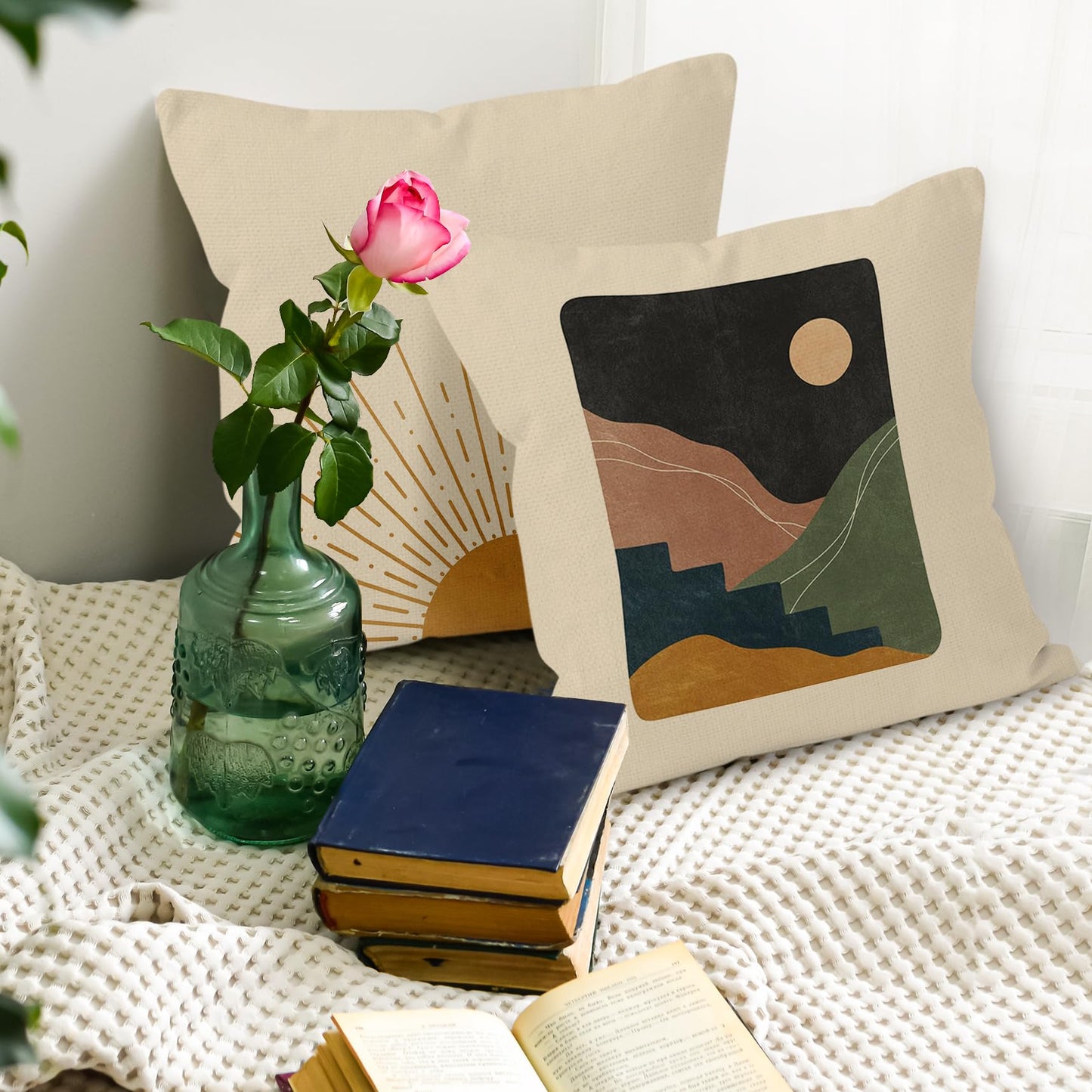 HUYAW Boho Throw Pillow Covers 18x18,Boho Sun Sunset Sunrise Rainbow Mountain Throw Pillows Covers, Abstract Pillow Covers Cover for Bed Couch Room Sofa Decor Set of 4