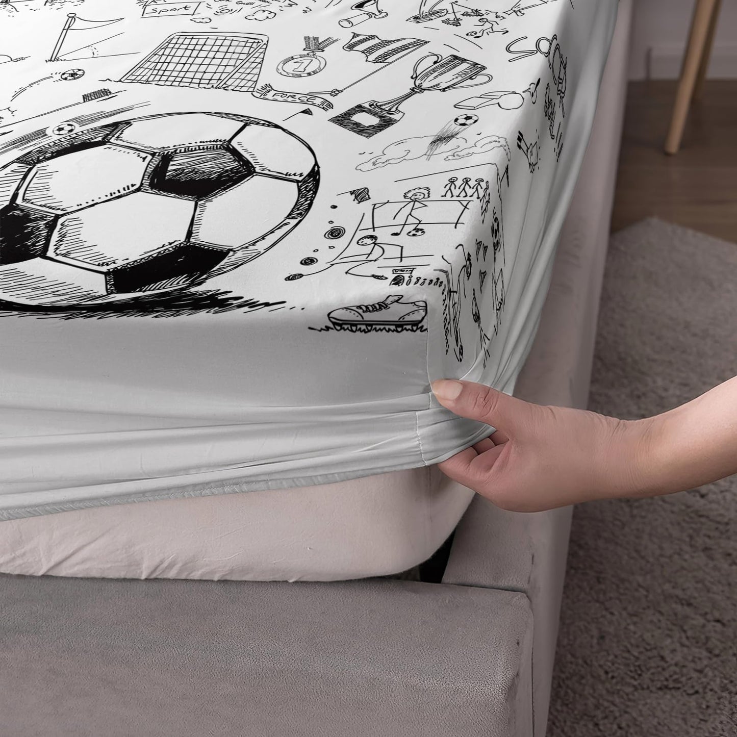 Nttopship Soccer Kids Sheet Set, Queen Size, 3D Football Pattern Bed Sheet, Black White Unique Bed Sheet Set 4pcs (Fitted + Flat + 2 Pillowcases)