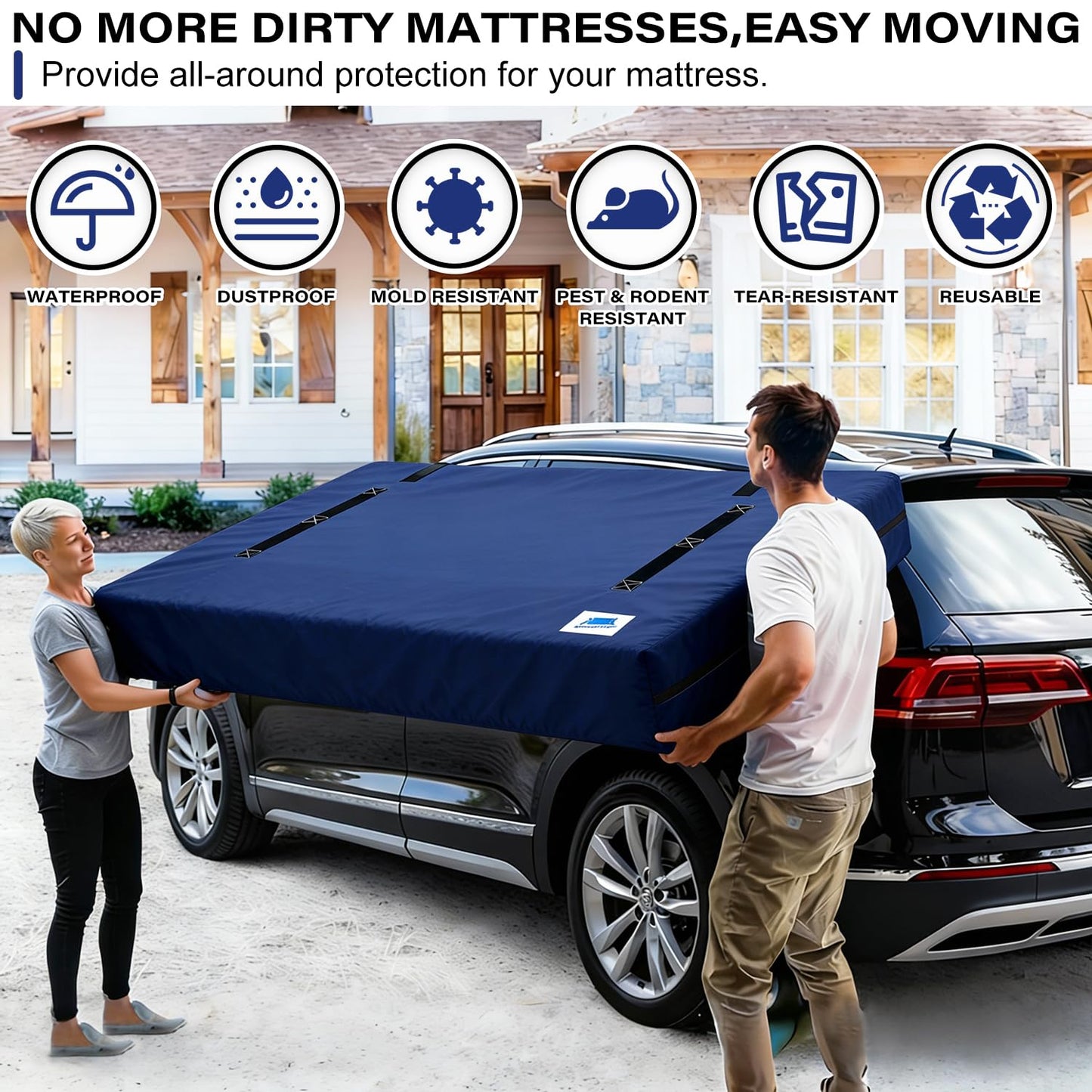 Mattress Bags for Moving and Storage,Queen Size,with Adjustable Adhesive Straps,8 Handles,Strong Zipper,Heavy Duty & Waterproof & Dust Proof,Reusable Mattress Protector Covers,Navy