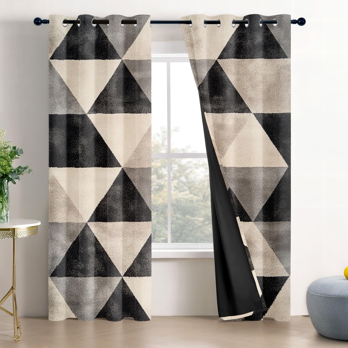 Solvivae Modern Blackout Curtains for Bedroom Living Room, Black Beige Retro Geometric Patterned Window Treatments, Room Darkening Thermal Insulated Grommet Drapes, 84 Inch Curtains 2 Panel Set