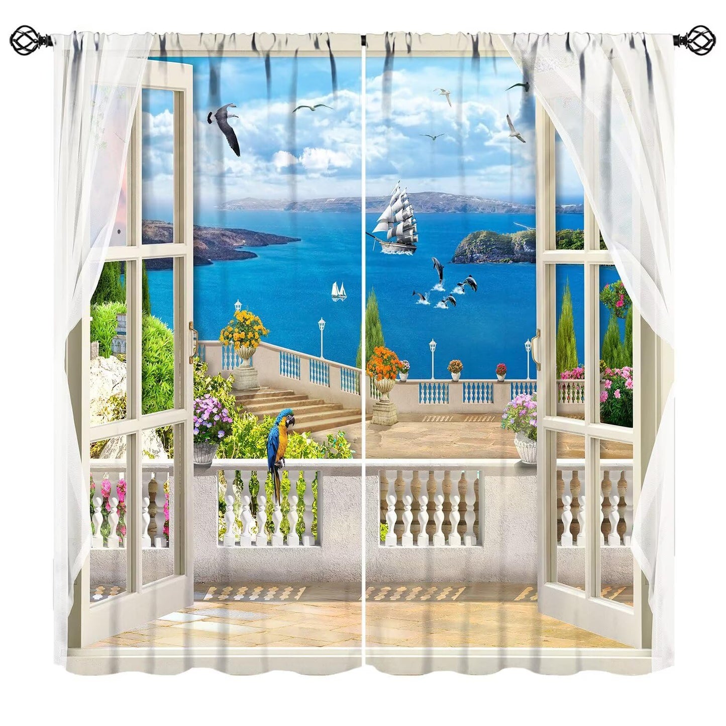 ICMOLYYENLO Natural Scenery Blackout Curtains, 3D Hawaiian Tropical Beach Ocean Scenery Printed Pattern Curtains Suitable for Home Bedroom Living Room 42x44 Inches
