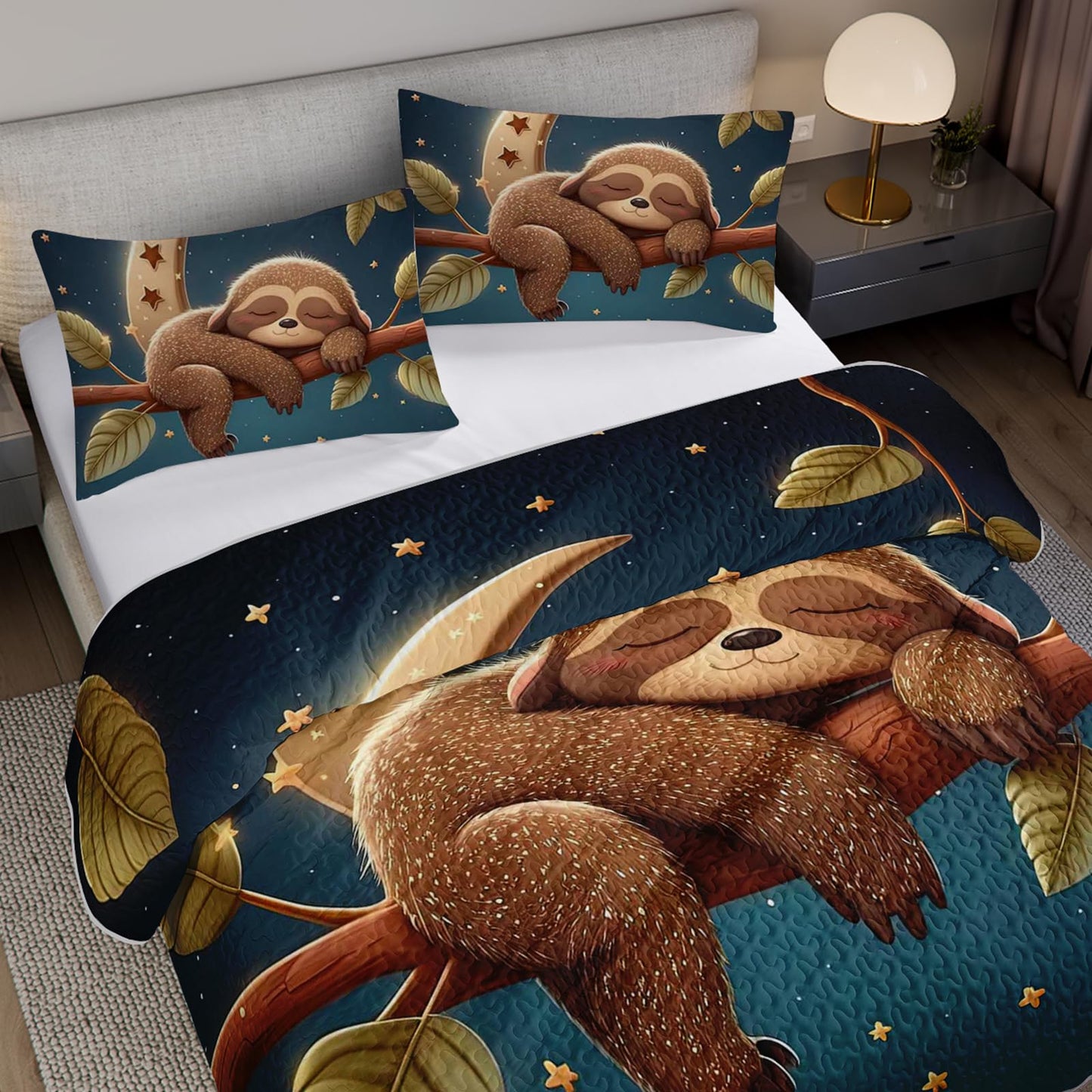 XYNHML Kawaii Brown Sloth Quilts Bedding Set Twin 3Pcs Galaxy Moon Universe Outer Space Star Quilt Bed Set Lightweight Soft Bedspread Coverlet with 2 Pillowcases for Kid Boy Girl Teen Adult Bed Decor