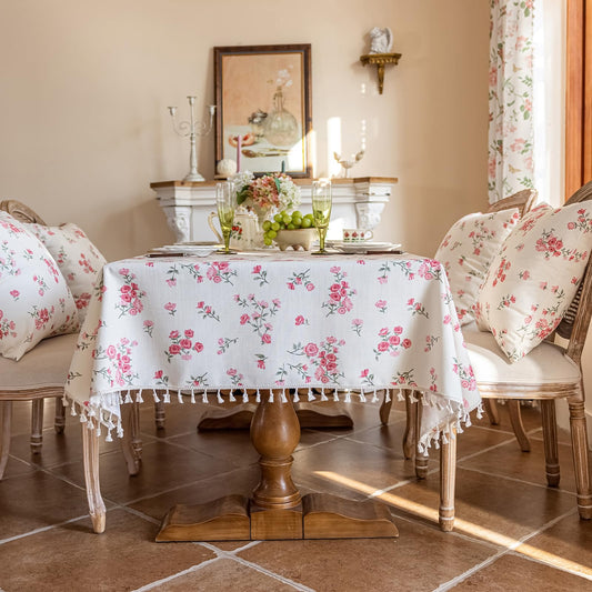 VClife White and Pink Print Table Cloth, Linen Texture Tablecloth for Rectangle Tables, Shabby Chic Vintage Flower Leaves Table Cover for 10-12 Seaters Decorative Fabric Furniture Protector, 60"x120"