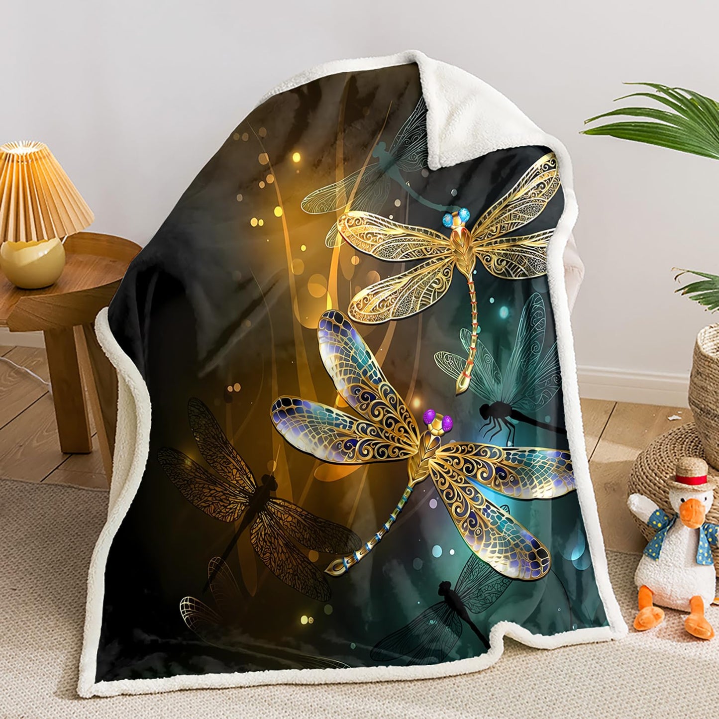 AILONEN Colorful Dragonfly 70 x 55 Inches Throw Blanket,Beautiful Dragonflies Sparkly Fleece Sherpa Blanket for Girls Women,Yellow & Green Gradient Blanket,Soft Warm