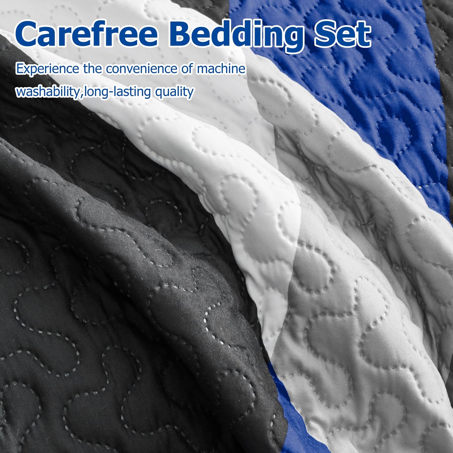 weesire Black and Blue Bedding Quilt King Size with 2 Shams, Modern Stripe Comforter Sets Classic Line Pattern Bedspreads Grey and Blue Coverlet, 96''x106''