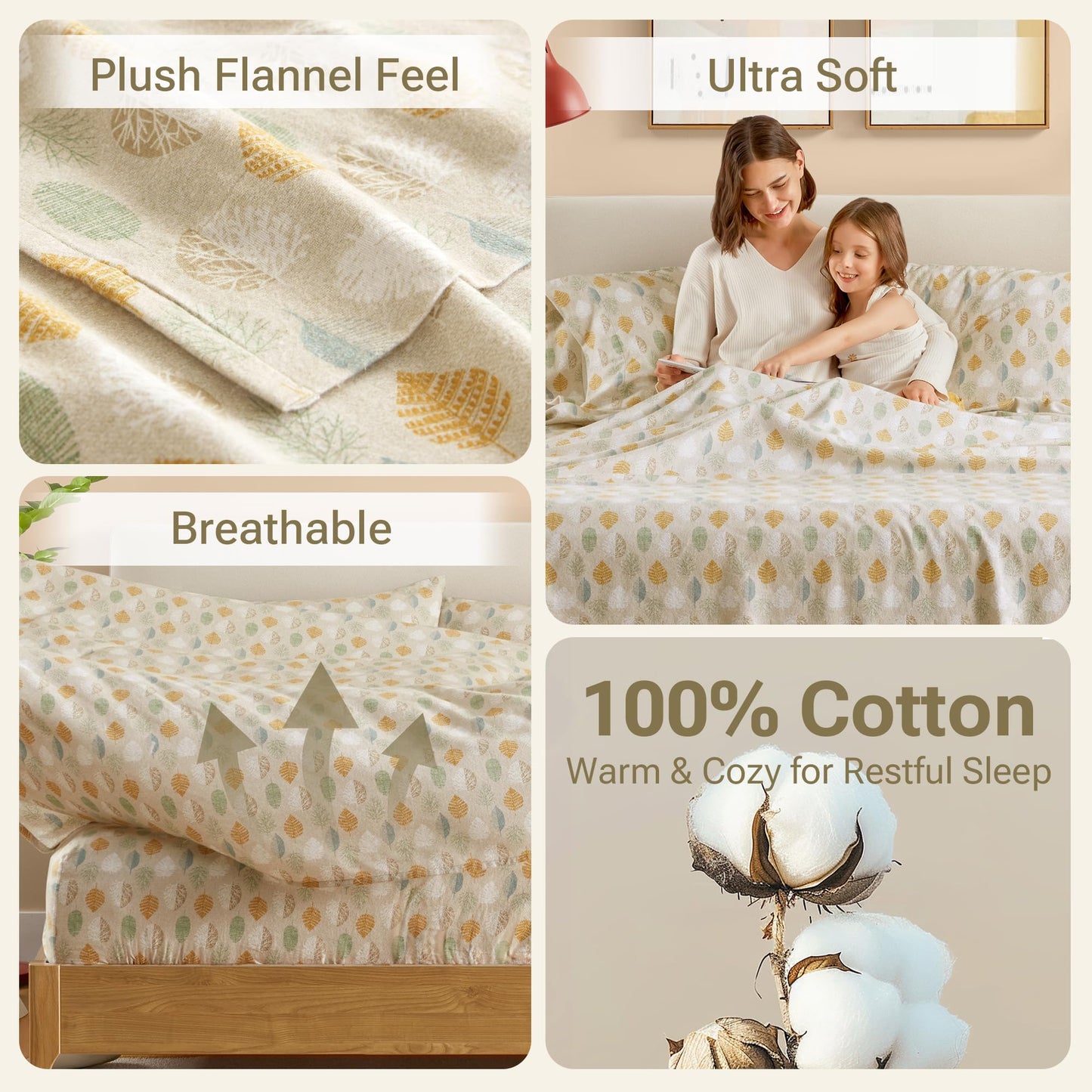 True North by Sleep Philosophy Cozy Flannel Warm 100% Cotton Sheet - Novelty Print Animals Stars Cute Ultra Soft Cold Weather Bedding Set, Twin XL, Multi Leaves 3 Piece