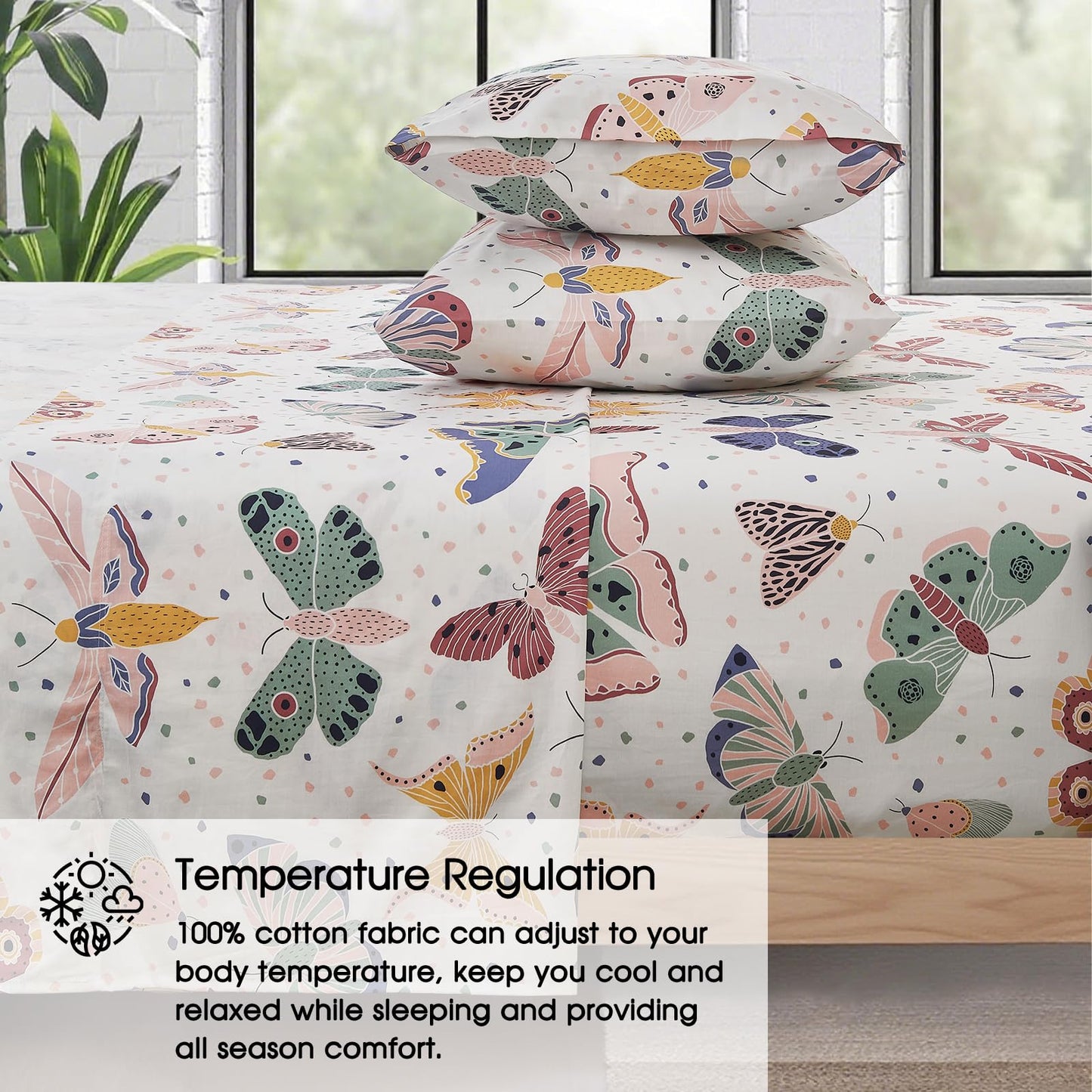Ivellow Twin Sheets Set Kids 100% Natural Cotton Sheets Soft Breathable Durable Lightweight Crispy Percale Bed Sheets 16" Deep Pocket Butterfly Patterned Sheets Kids Twin Bedding Dorm Essentials