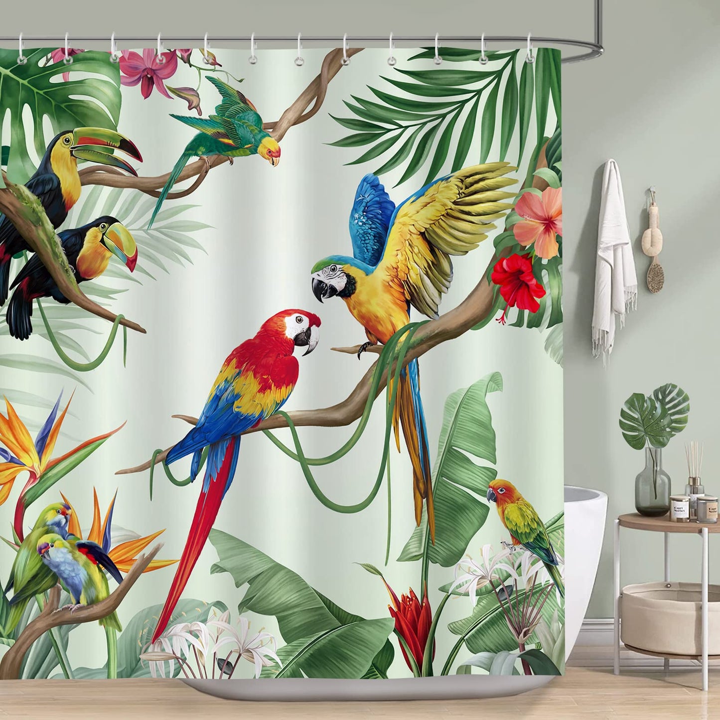 Bonhause Tropical Bird Shower Curtain, Parrot Toucan Palm Leaves Jungle Bathroom Decor 72 x 72 Inch Polyester Fabric Waterproof Bath Curtain with 12 Hooks