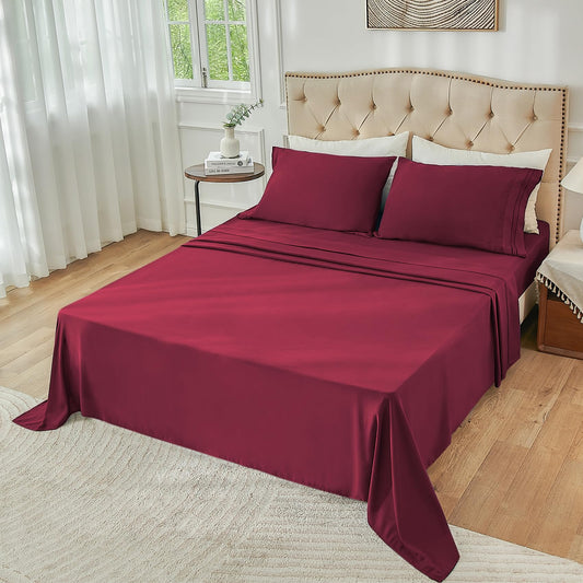Yibeizi King Size Sheets Set Cooling Deep Pocket Bed Sheet Sets, Red Soft Microfiber Oeko-Tex Hypoallergenic Sheets & Pillowcases Wrinkle Free Bedsheets