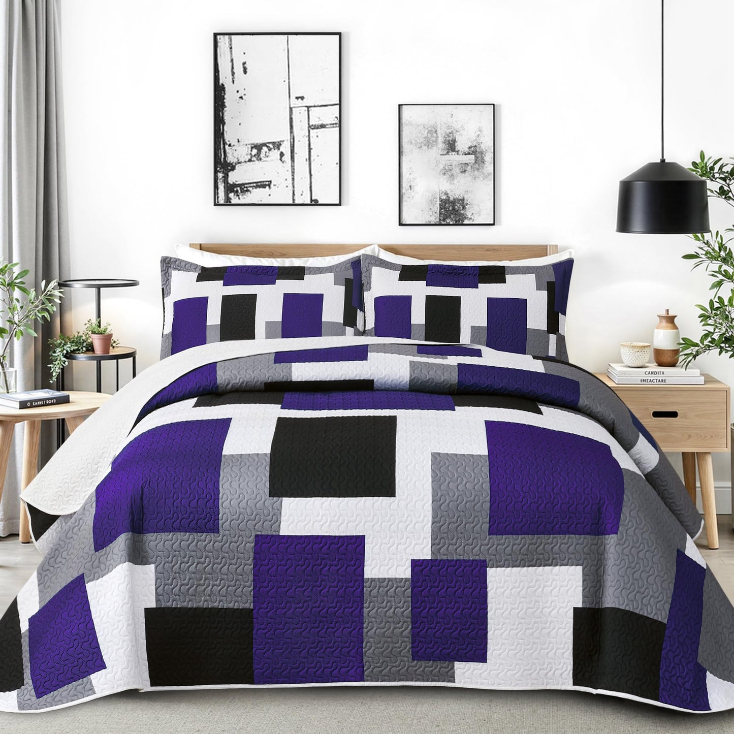 Tyrot 3 Piece Dark Purple Grey Quilt Set King Size Black White Geometric Reversible Bedding Set Microfiber Lightweight Bedspread Coverlet with 2 Shams Modern Bed Covers for All Season, 106''x96''