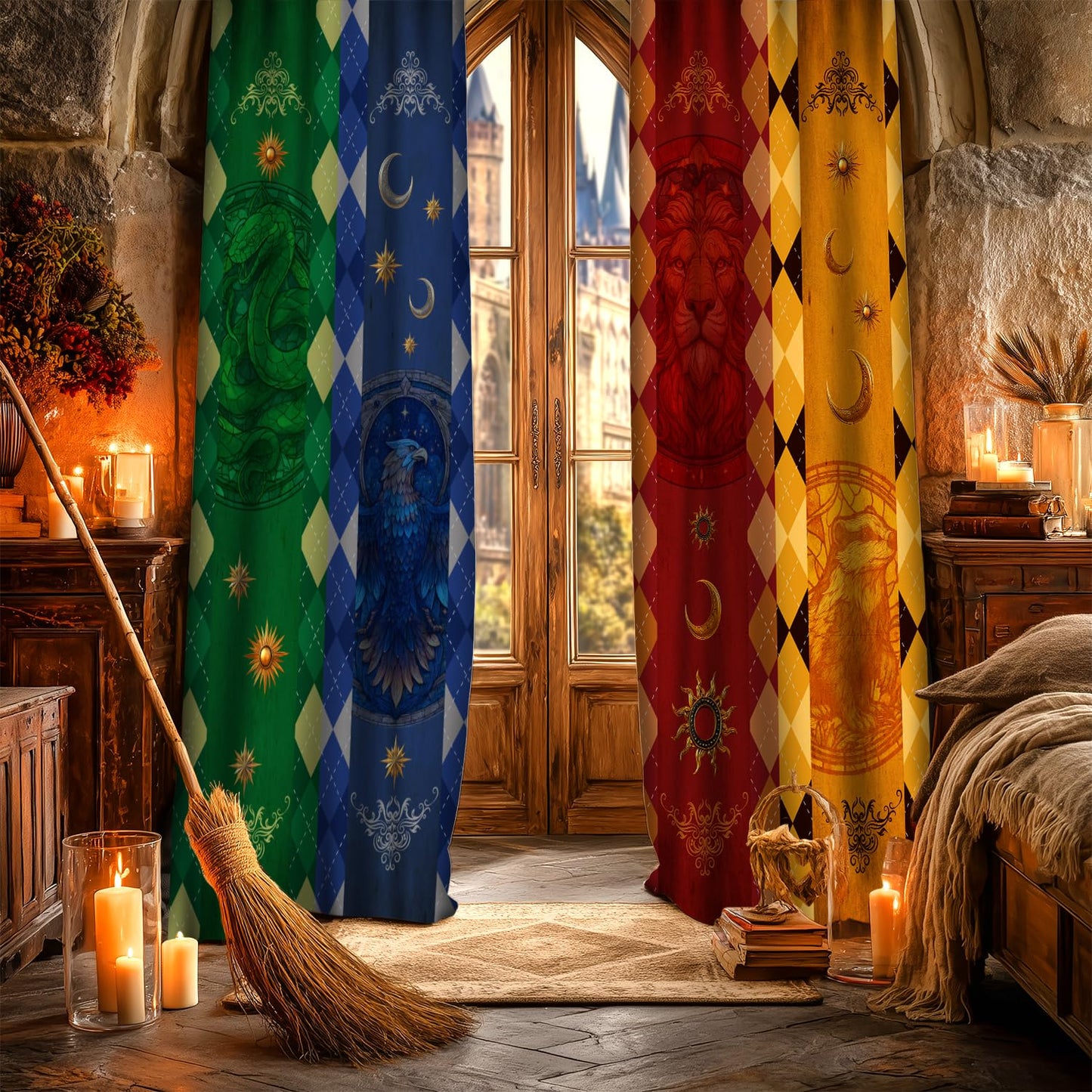 HIYSMT Enchanted Academy Blackout Curtains,Mythical Animal Emblem School House Privacy Drapes,4284inch Magic Flag Window Treatments for Bedroom Living Room,2Panel HILC04