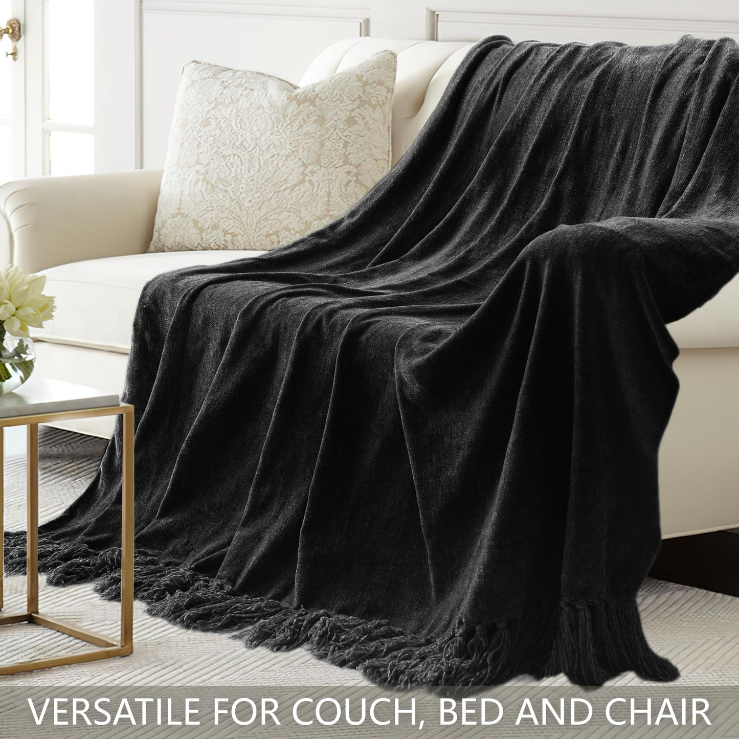 LONG CREATE Chunky Knit Throw Blanket Bundle Chenille Throw Blanket， 50"X 60" Black