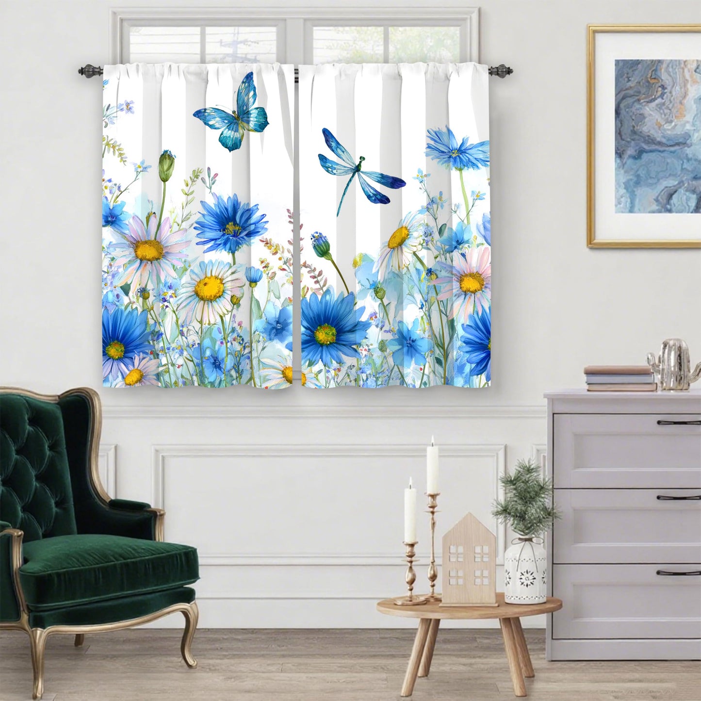 Worltoldb Spring Floral Kitchen Curtains Cafe Curtains for Bathroom Dining Room Living Room Pocket Window Drapes 2 Panels Set 28"x36"
