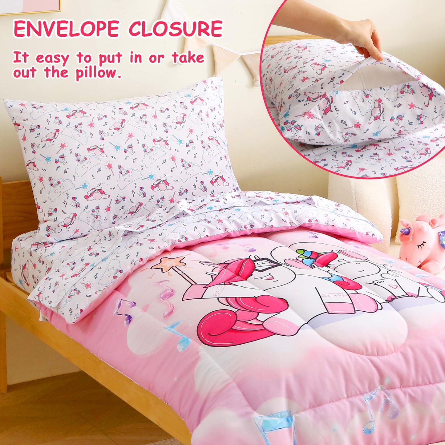 Mooreeke 4 Pieces Toddler Bedding Set - Pink Purple Music Unicorn Toddler Comforter Sets for Girls, Includes Comforter, Flat Sheet, Fitted Sheet and Pillowcase, Bed in A Bag for Baby Bedroom