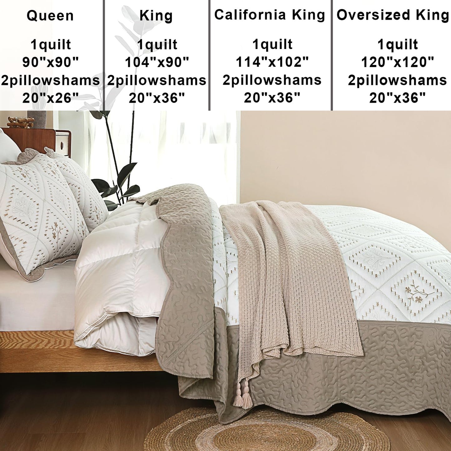 Cmfshape Floral Embroidery Quilt Set,3 Pieces Oversized King Quilt Bedding Set,Classic Diamond Pattern Quilts,Ultra Soft Lightweight Reversible Bedspread Coverlets for All Season(Taupe,120"x120")