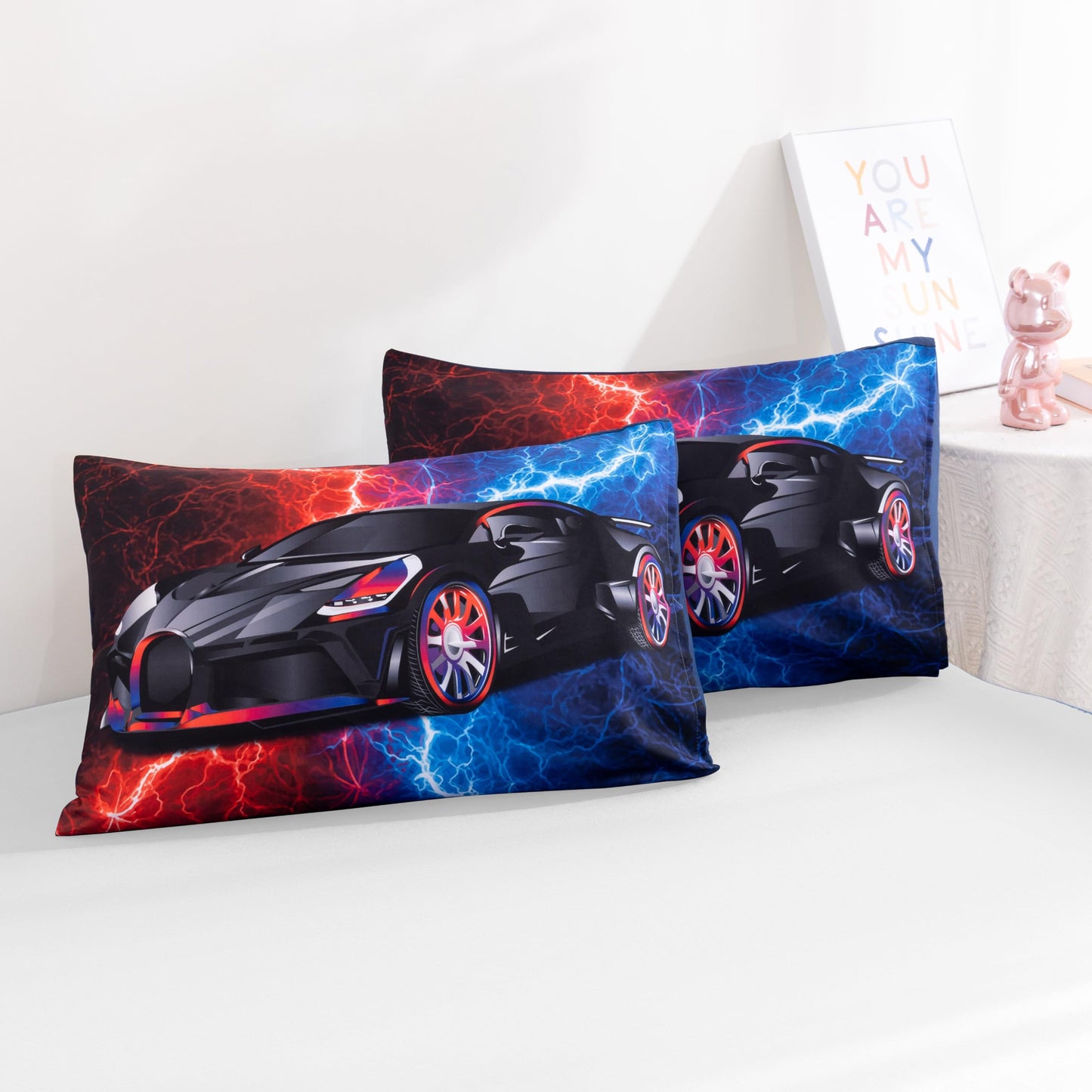 Podol 3 Pieces Race Car Comforter Set Twin Size Red and Blue Sports Car Bedding Sets for Boy Lightnings Tie Dye Bed in a Bag