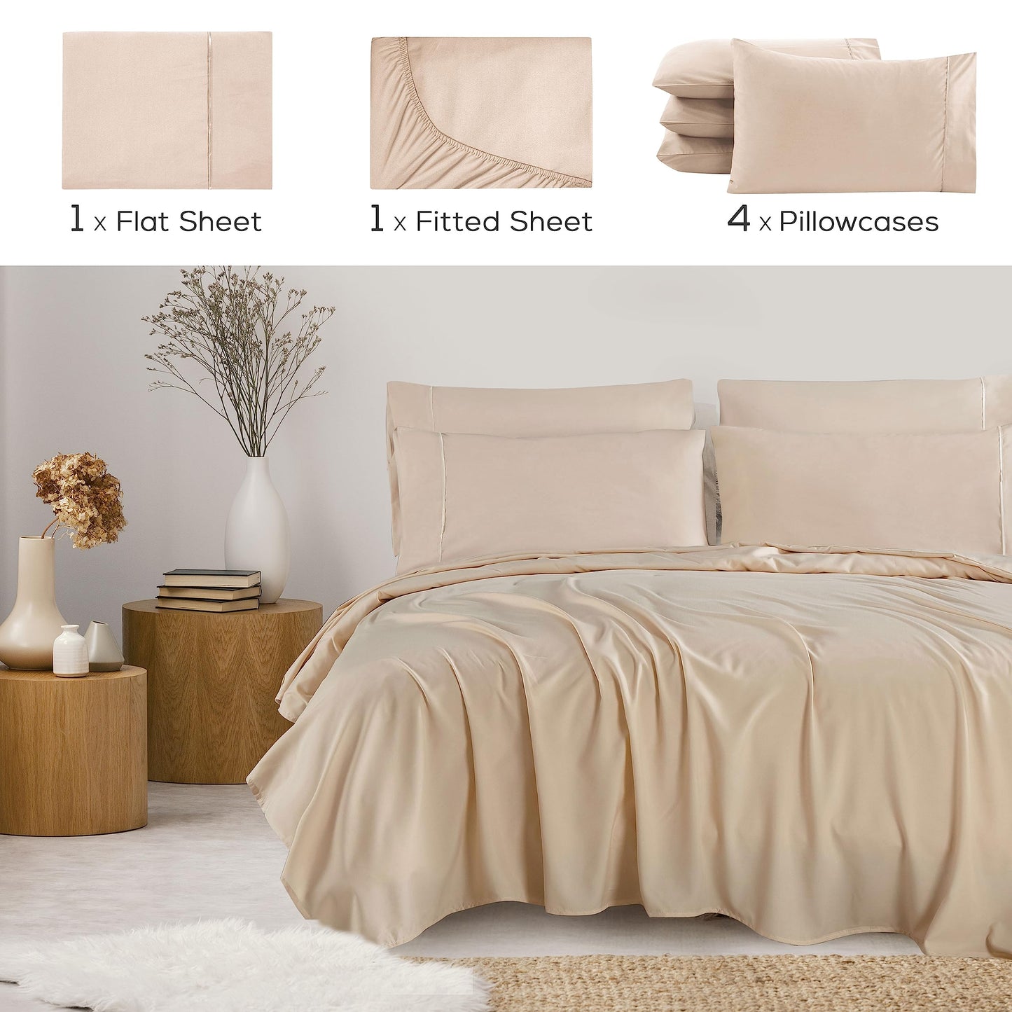 Mueller UltraTemp King Size Sheets Set – 6 Piece Premium Bedding, Silky Soft, Cooling, Deep Pocket up to 16", Breathable Heat Transfer, Wrinkle-Resistant & Hypoallergenic, Cream