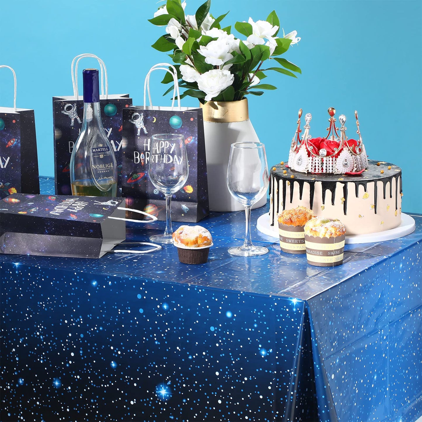 8 Pieces Space Tablecloth Starry Night Tablecloth Decorations Plastic Galaxy Table Cover Space Stars Theme Party Supplies for Birthday Home Decorations, 54 x 108 Inch