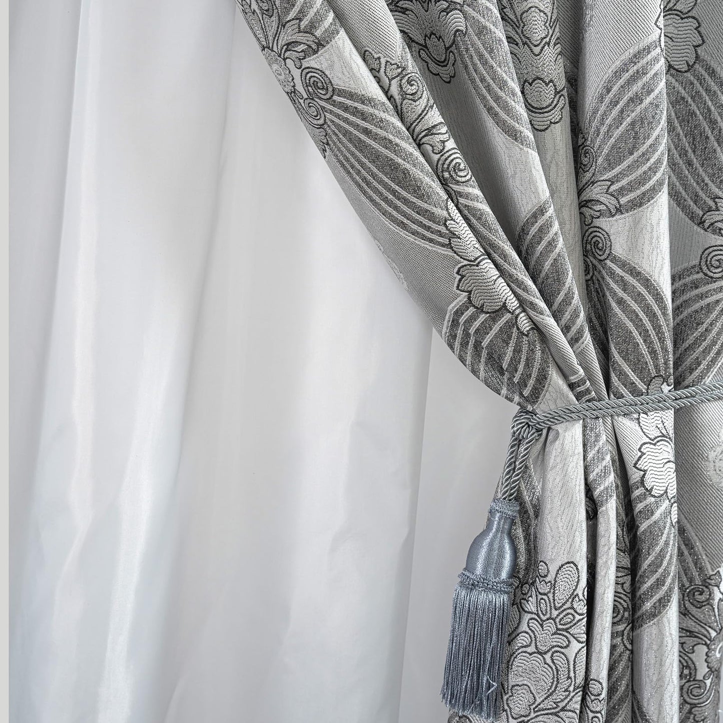Petrichor Elegant Curtains with Gold Silver Threads 2 Panels Set - Luxury Window Treatment Attached Valance, Sheer Backing, and 2 Tie Backs for Bedroom and Living Room, 54x84 inches, Silver
