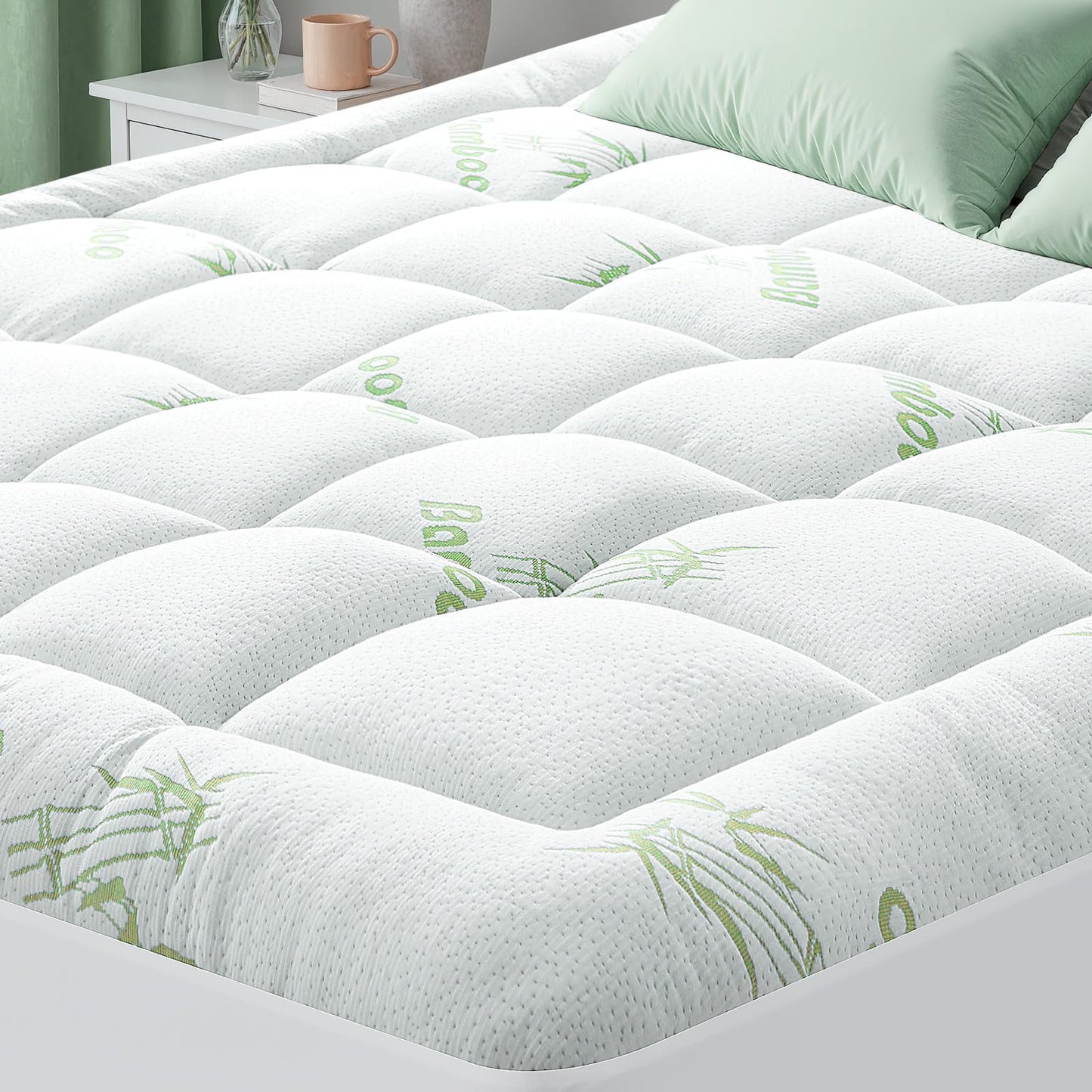 HYLEORY Mattress Topper - Thick Bamboo-Viscose Naturally Cooling Pillow Top Mattress Pad Breathable Fluffy Soft Mattress pad for Back Pain Relief, King Size, Green