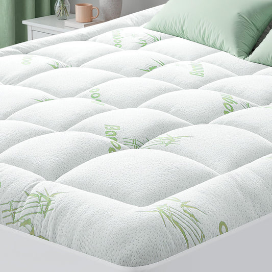 HYLEORY Mattress Topper - Thick Bamboo-Viscose Naturally Cooling Pillow Top Mattress Pad Breathable Fluffy Soft Mattress pad for Back Pain Relief, King Size, Green
