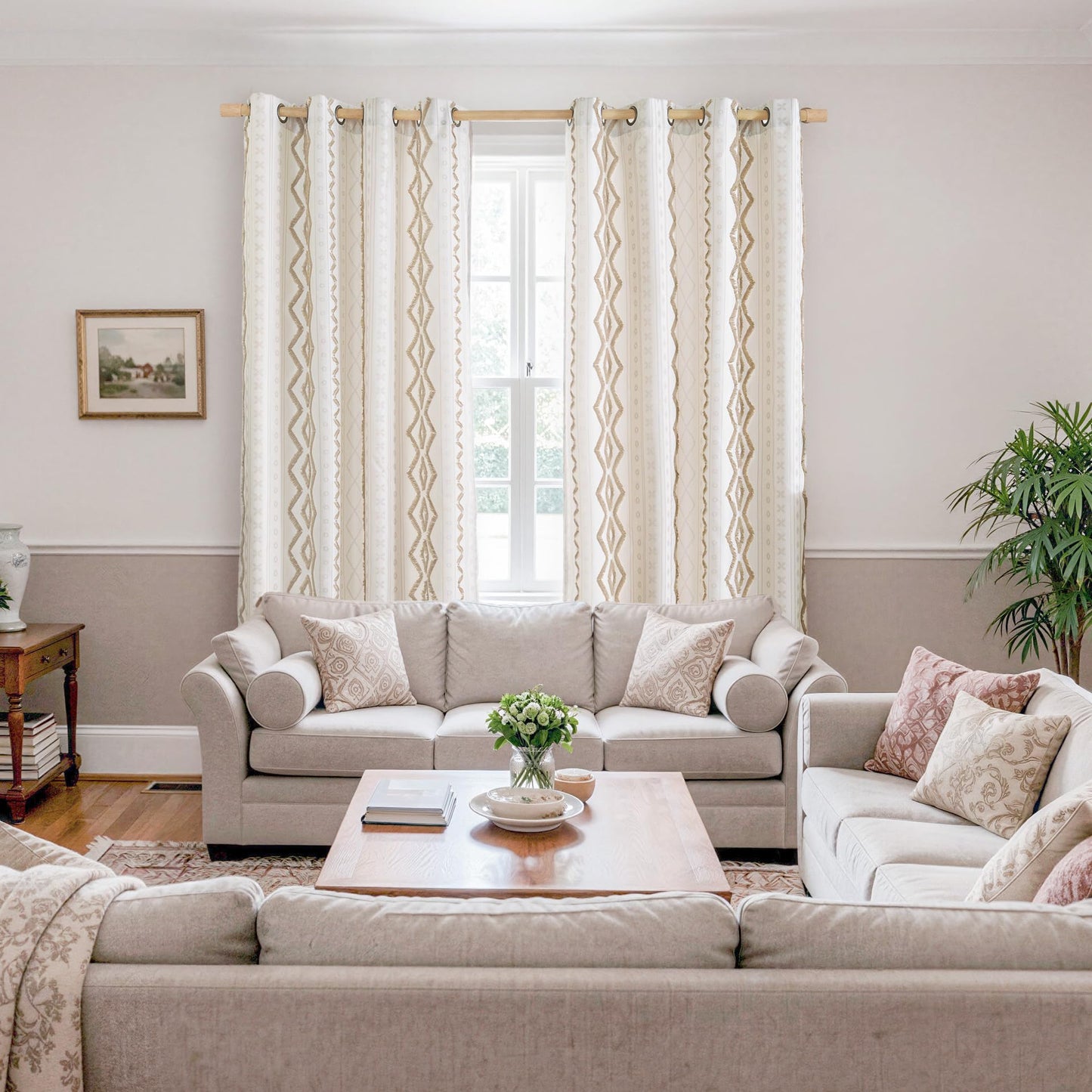 BGment Jacquard Boho Linen Curtains for Living Room 2 Panels, Botanical Tufted Pom Stripe Geometric Pattern Drapes for Farmhouse Bedroom Light Filtering, 52 X 84 Inch