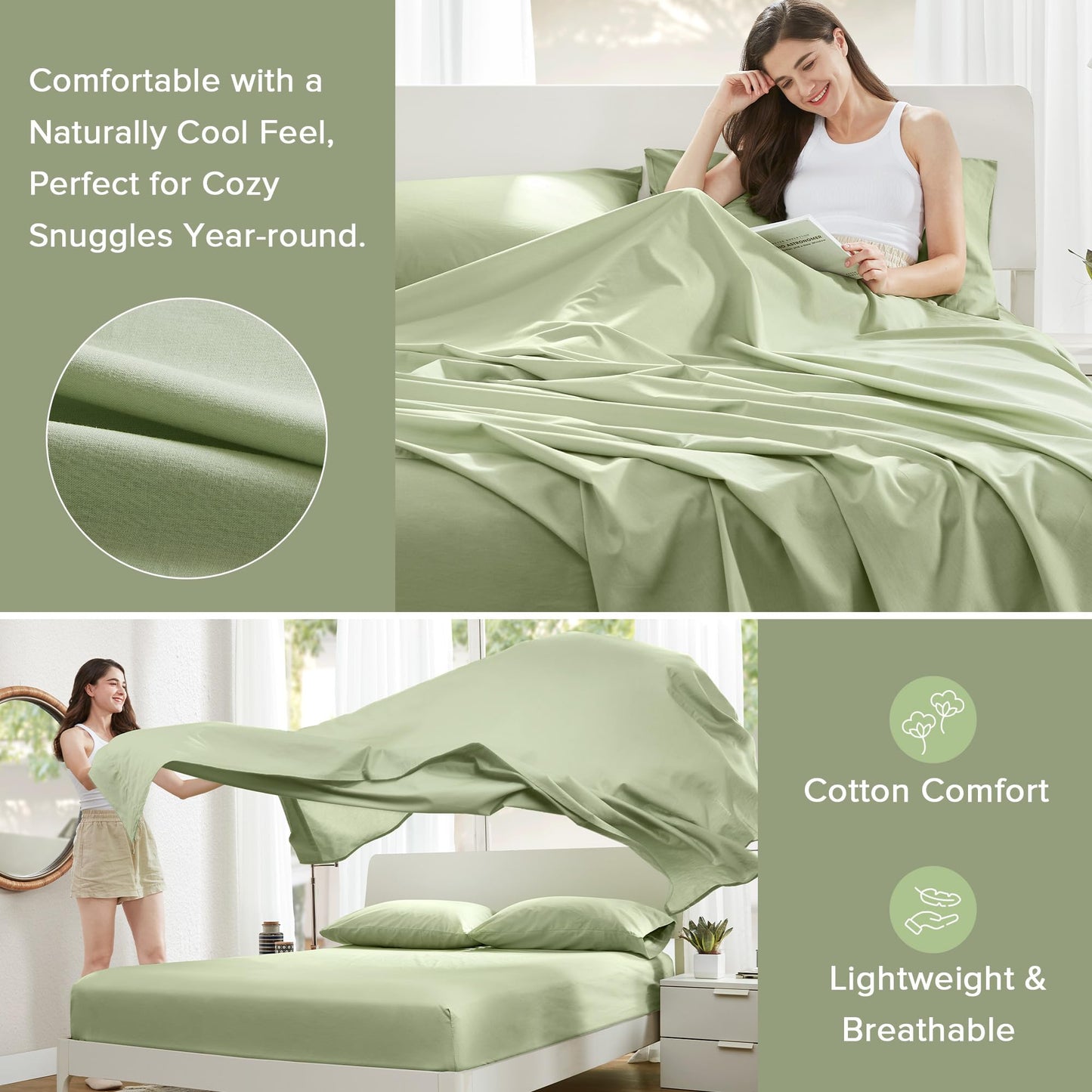 Comfort Spaces 100% Cotton Sheets King, Breathable & Soft Cotton Sheets, Naturally Cool Cotton Bed Sheets with 14" Elastic Pocket Fits up to 16" Mattress, All Seasons Sheet Set, Sage Green 4 Piece