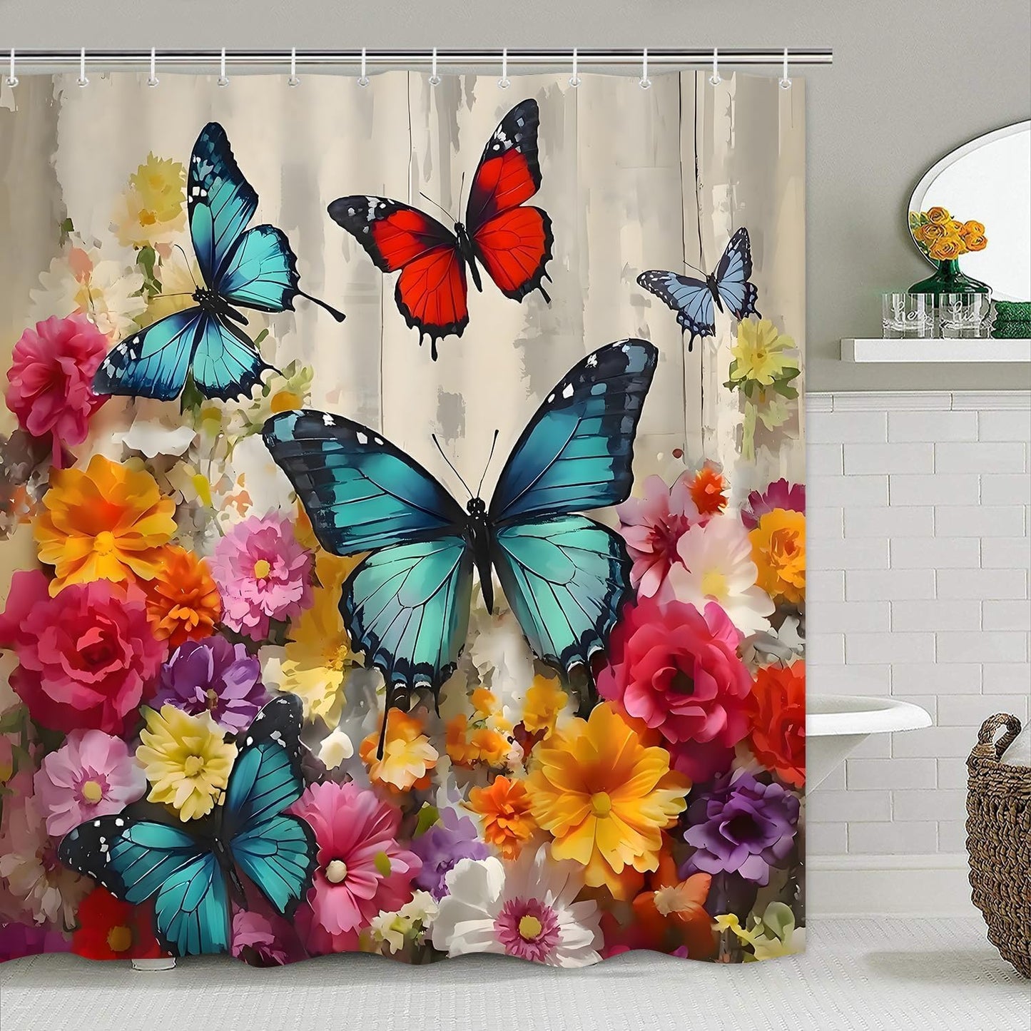 Chrainy 4pcs Shower Curtain Set for Bathroom and Toilet Butterfly Floral Bathroom Decor Sets with Flower Shower Curtain and Accessories Bath Mat,U Shape and Toilet Lid Cover Bathroom Set