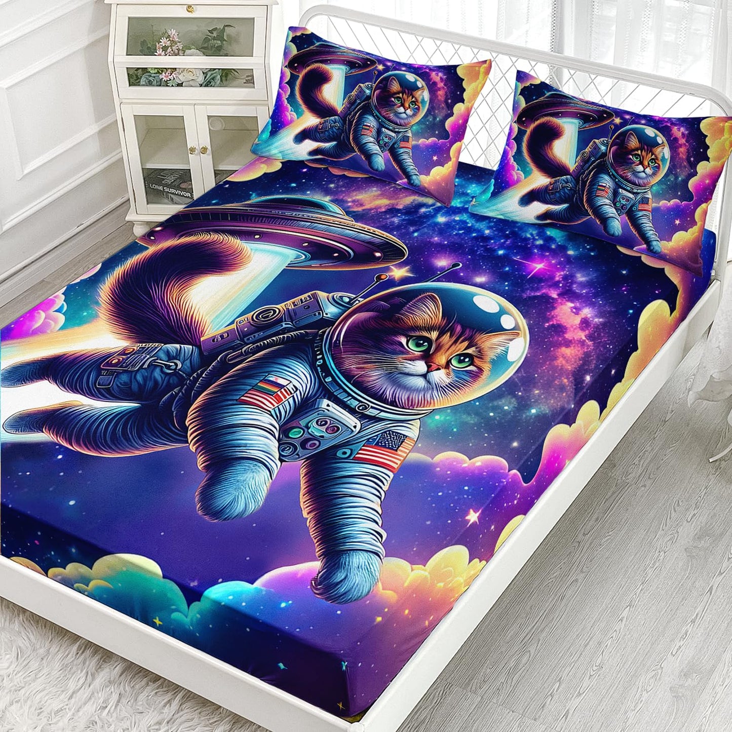 AILONEN 3D Kids Astronaut Bed Sheet Set - Fitted Sheet with 2 Pillowcases, Colorful Galaxy Ship Pattern