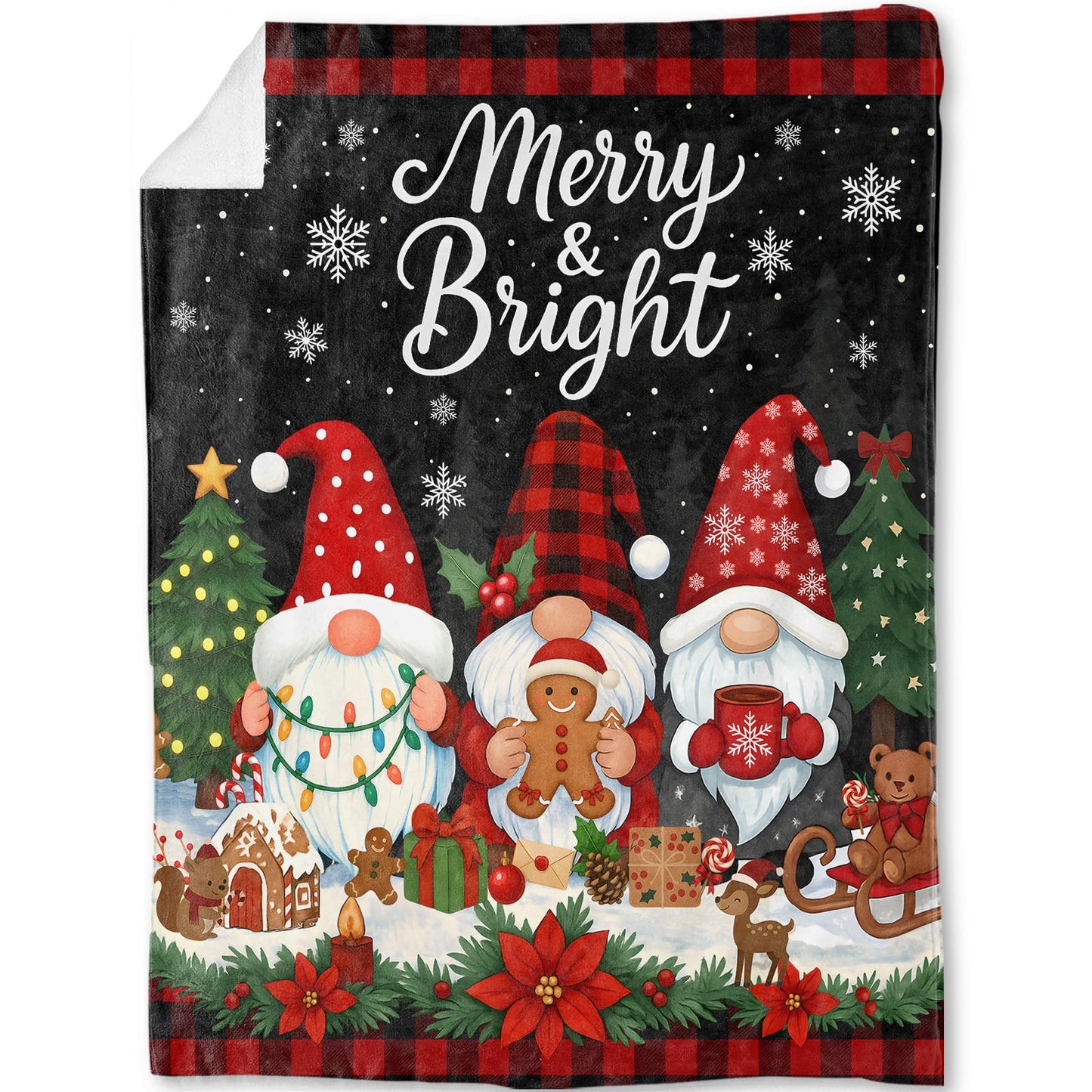 ainori Gnome Christmas Decorative Throw Blanket, Merry Bright Red Black Plaid Gingerbread Print Decoration, Flannel Winter Blankets for Couch Sofa, Holiday Home Decor, Xmas Festival Gifts 50x60 Inch
