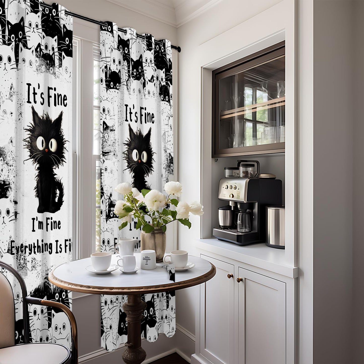 SIOQCKIS Cute Cat Curtains for Bedroom, Funny Black Cats Curtains for Windows, It's Fine Cat Kitchen Curtain Kitten, 52 x 84 Inch Long 2 Panels Gifts for Cats Lovers Window Decor Bathroom