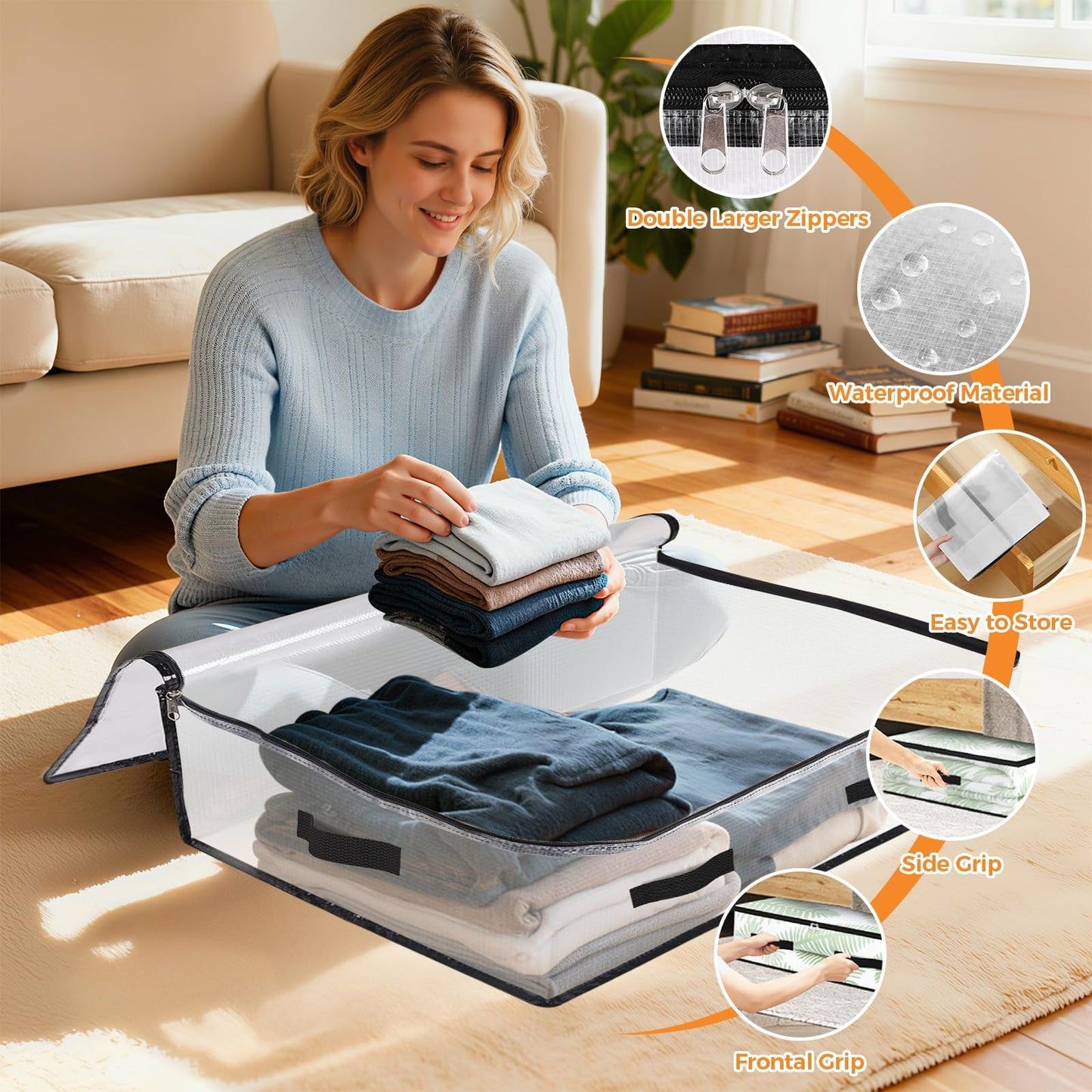 EdenDwell 6 Pack Under Bed Storage Bags, 60L Foldable Clear Storage Containers with Handles, Dual Zippers for Comforter, Clothes, Bedding, Linen Sheets, Sweaters, Blanket Storage