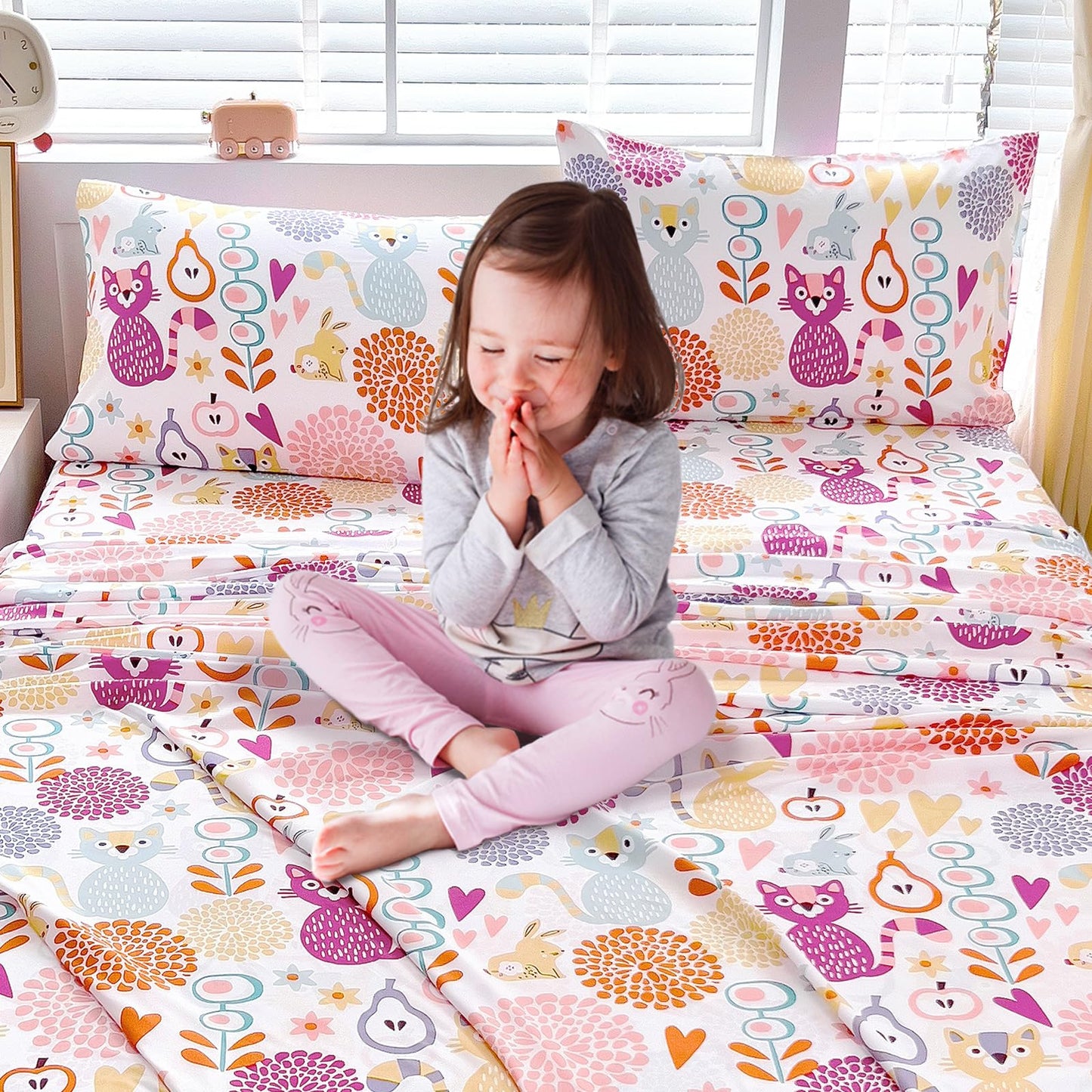 Homilay Full Sheet Set Kids - Kitty 4 Pieces Soft Microfiber Cartoon Style Bedsheets for Boys Girls Teens, Oeko TEX Breathable 15 Inch Deep Pocket Sheets(2D World Cat)