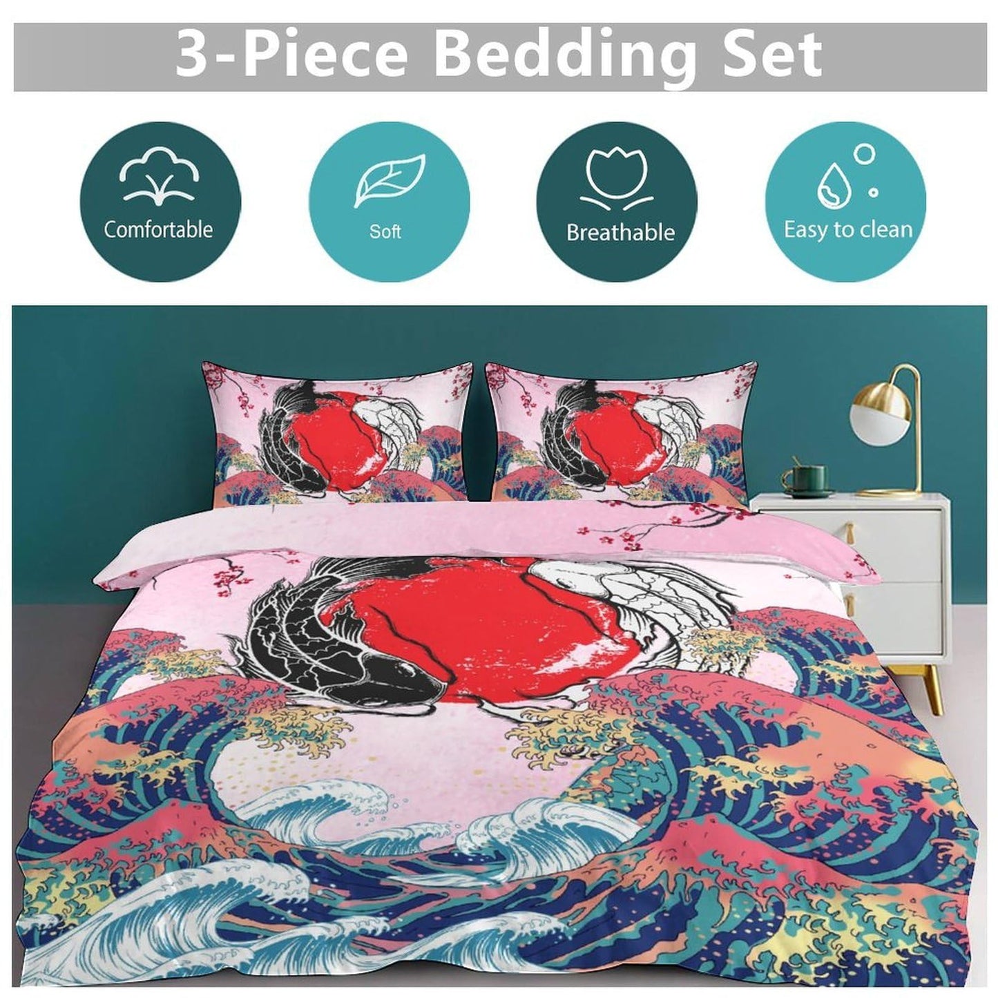 Lnepty Japanese Koi Fish Bedding Set,Asian Style Pink Cherry Blossom Big Wave Yin Yang Black White Koi Retro Landscape Comforter Set with Pillowcase for Bedroom Bed Decor,Twin 86"x70"