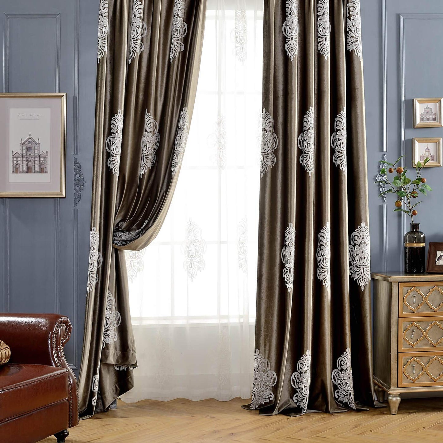 VOGOL Super Soft Luxury Velvet Blackout Curtains, Grommet White Flower Embroidered Soft Chocolate Brown Flannel Draperies for Living Room, 52 x 96 Inch, 2 Panels, Noise Reduction