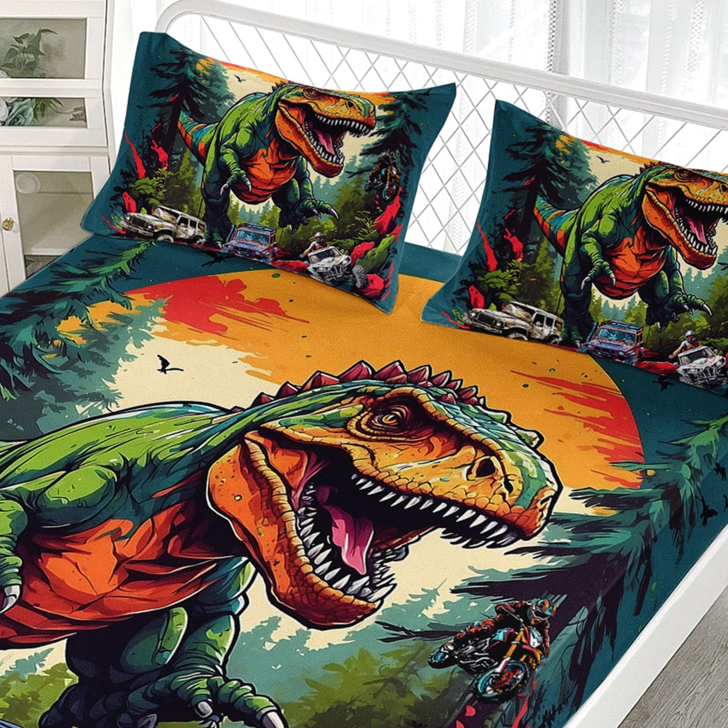AILONEN Cartoon Truck Dinosaur Fitted Sheet Set Twin Size, Dinosaur with Monster Trucks Bedding Set for Boys Kids,Sunset Theme Bedsheets Set,3-Pieces,1 Sheet Set + 2 Pillowcases,Soft,Breathable