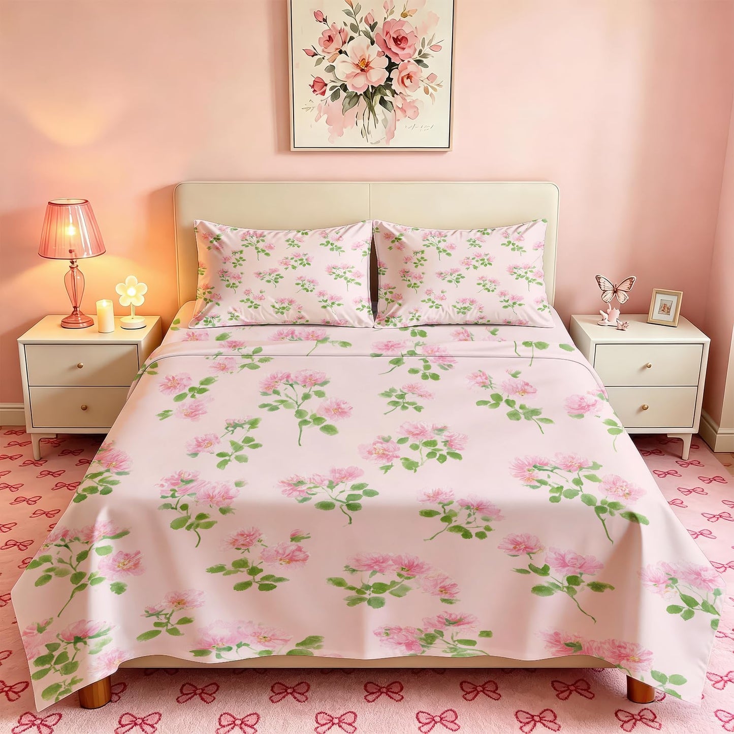 Pink Flower California King Sheet Set Botanical Flat Fitted Sheet Sets