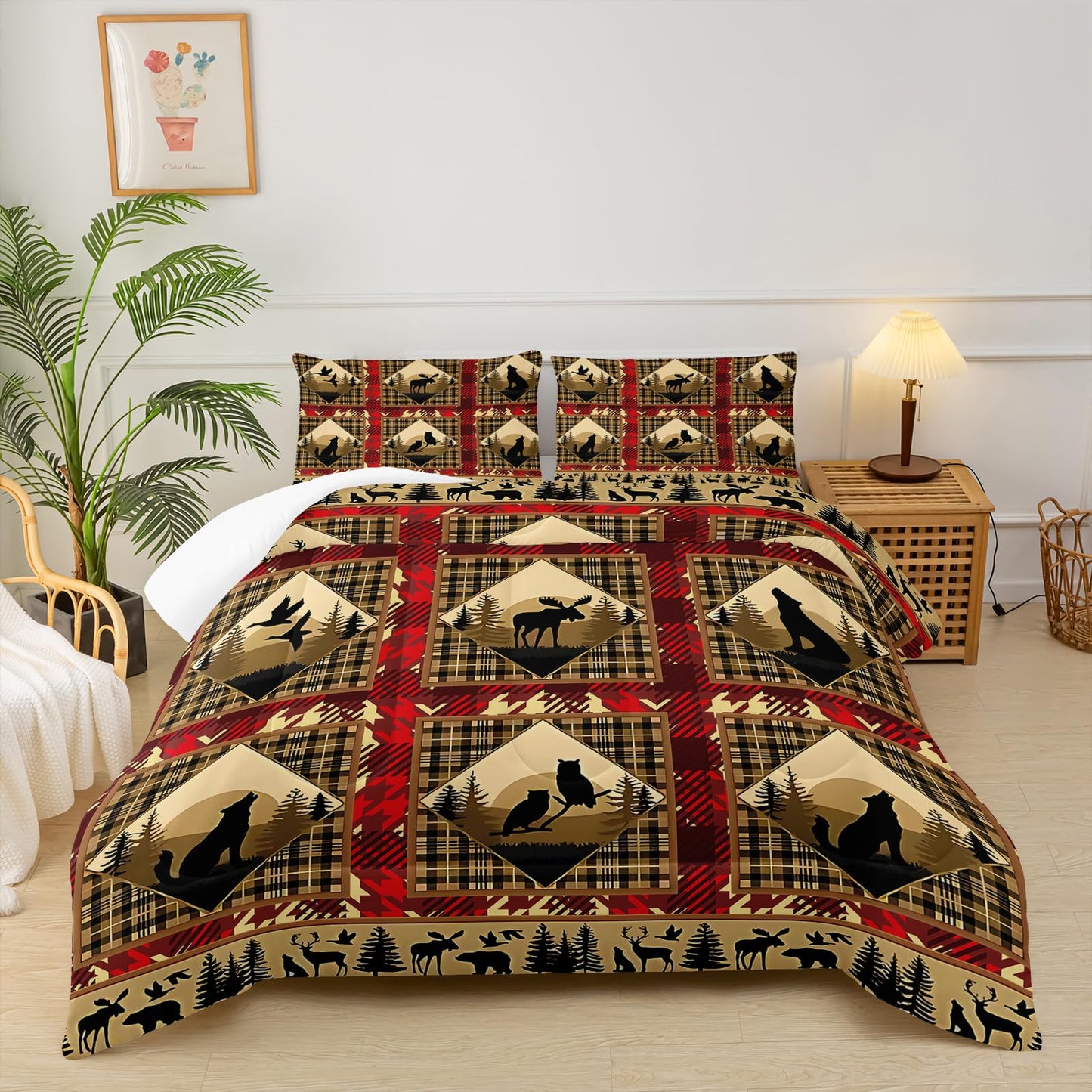 lneffble Red and Black Plaid Comforter Set Twin，Twin Size Bedding Set Animal Print，Rustic Farmhouse Quilt Bedding Sets Twin，with 1 Comforter with 2 Pillow Case