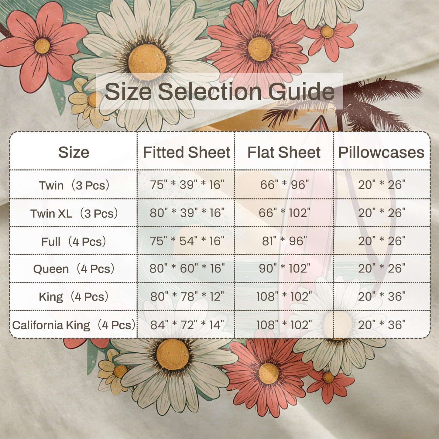 Tropical Beach Sheet Set, 4 Pcs Full Size Surfing Themed Bed Sheets