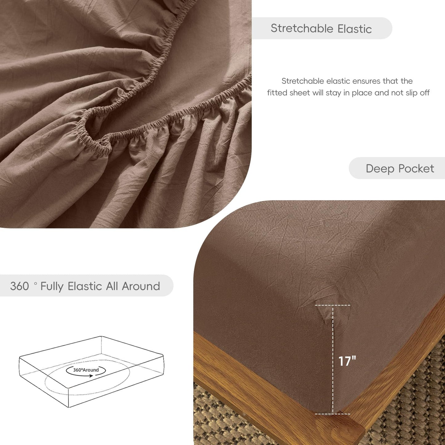 MooMee Fitted Bottom Sheet Only 100% Washed Cotton Linen Like Textured Breathable Durable Soft Comfy Deep Pocket Fits Mattress up to 17" (Brown, Queen)