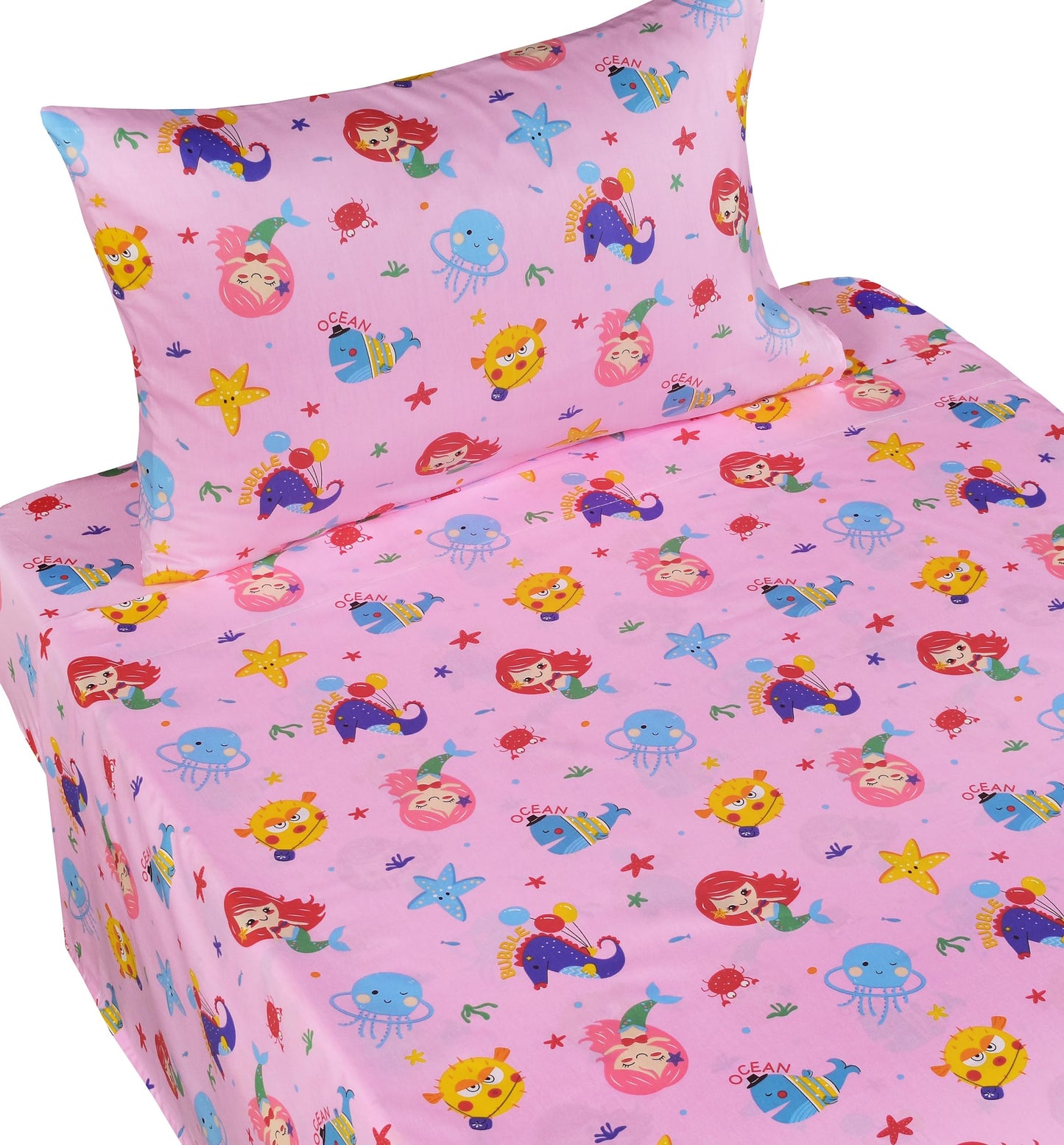 J-pinno Mermaid Fish Whale Pink Ocean Animals Cute Cartoon 100% Cotton 3 Pieces Twin Sheet Set for Kids Girls Boys Children Flat Sheet + Fitted Sheet + Pillowcase Bedding Decoration Gift Set