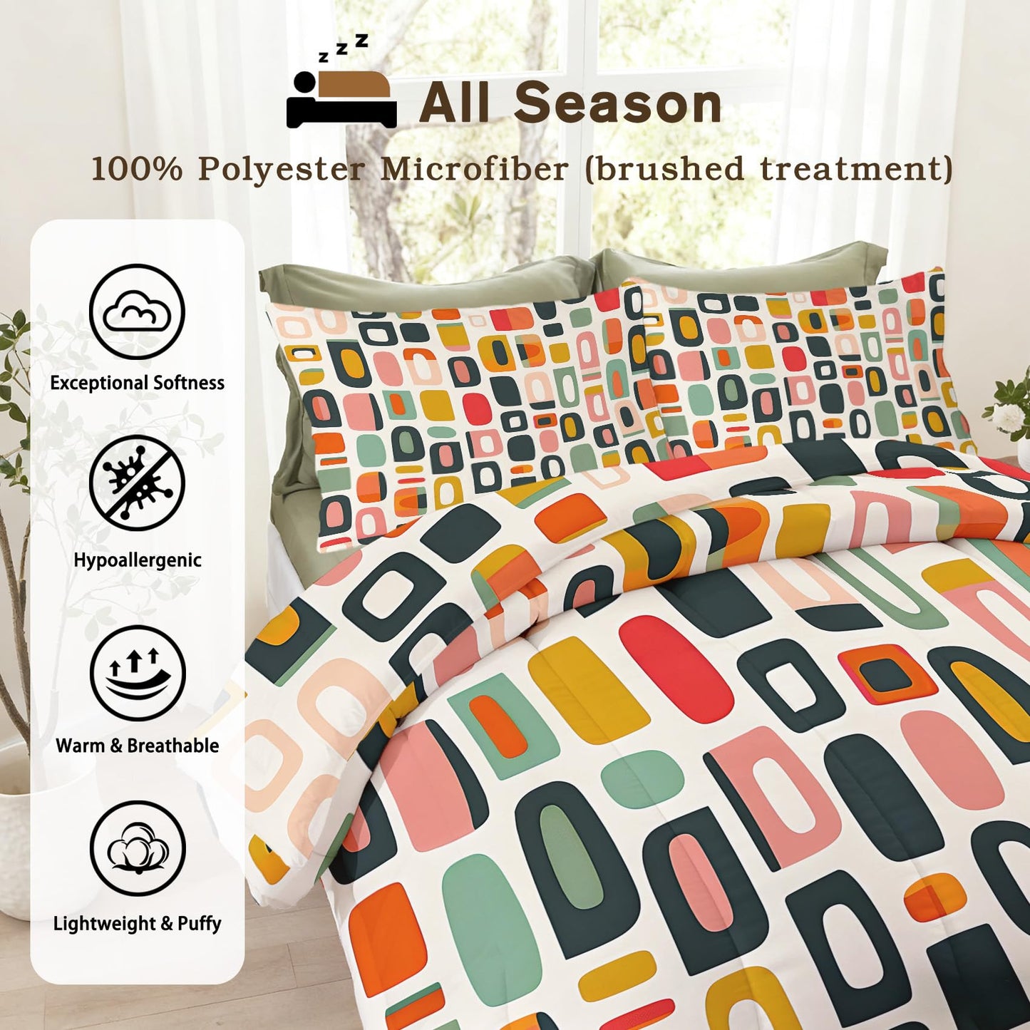 ZDABAOEC Mid Century Retro Queen Comforter Set 3 Piece, 2 Pillow Shams, Geometric Abstract 70s Reversible Down Alternative All Season Bedding, Soft Microfiber, Retro Bedroom Decor
