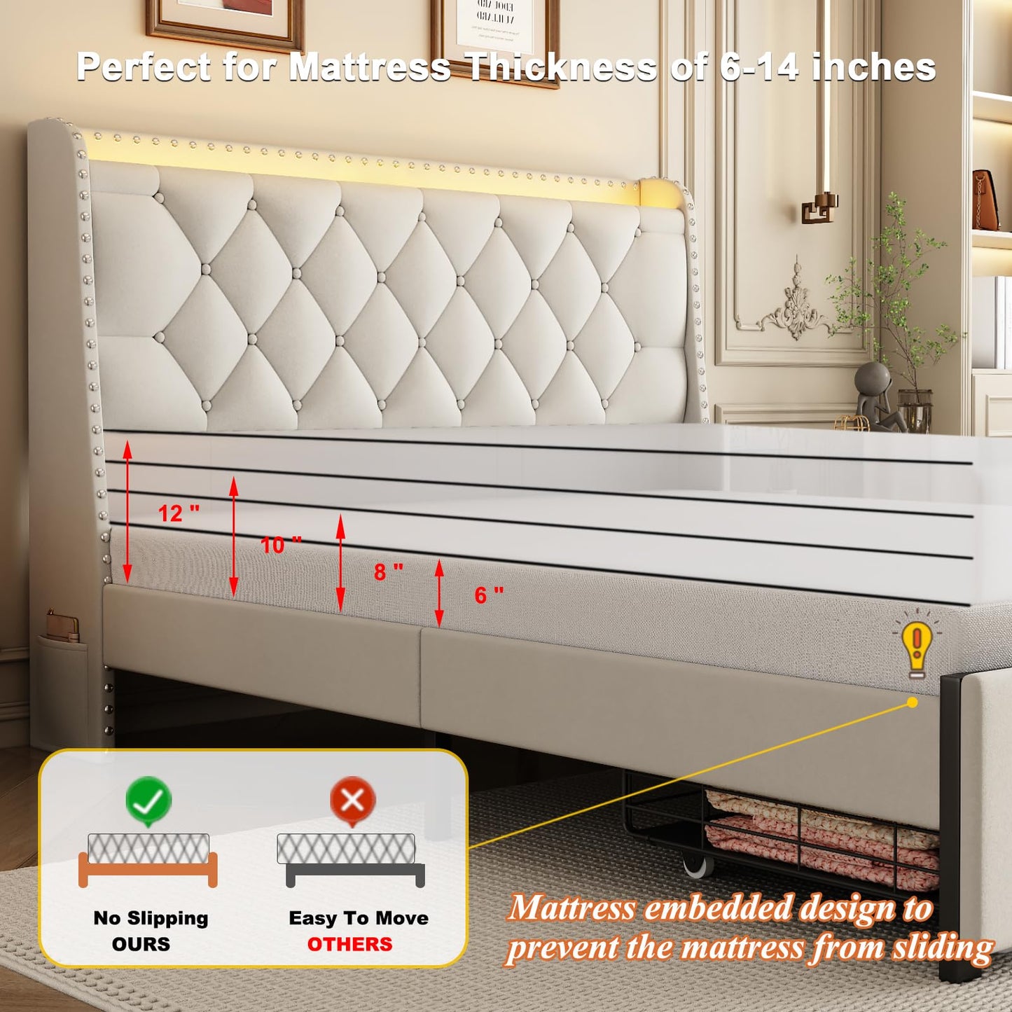 Full Size Bed Frame with Storage Headboard and 2 Drawers, Upholstered Button Tufted Bed Frames Full with Led Lights and Handy Charging Station, No Box Spring Needed, Easy Assembly, Noise Free, Beige
